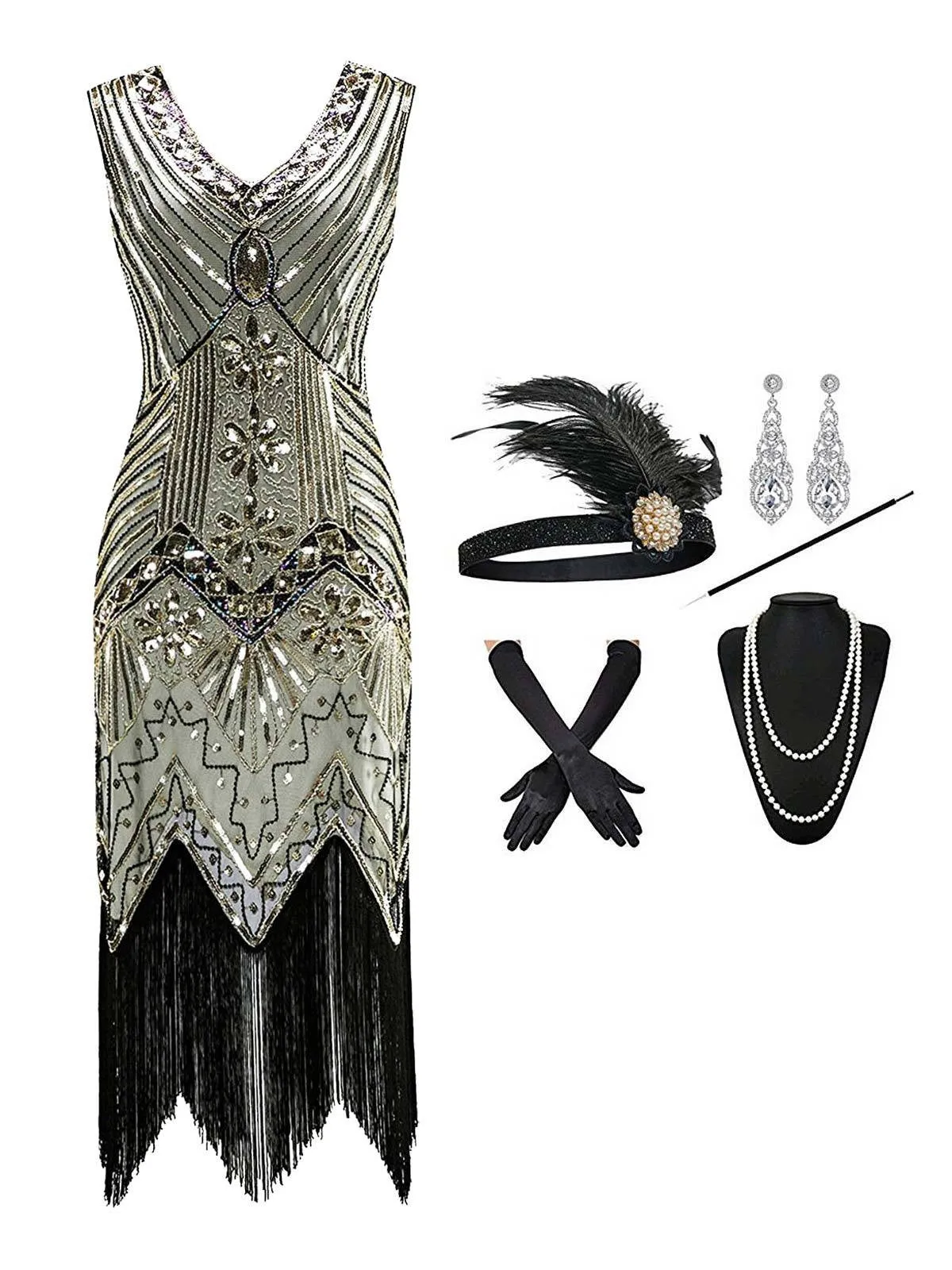 2PCS Top Seller Champagne 1920s Dress & Accessories Set