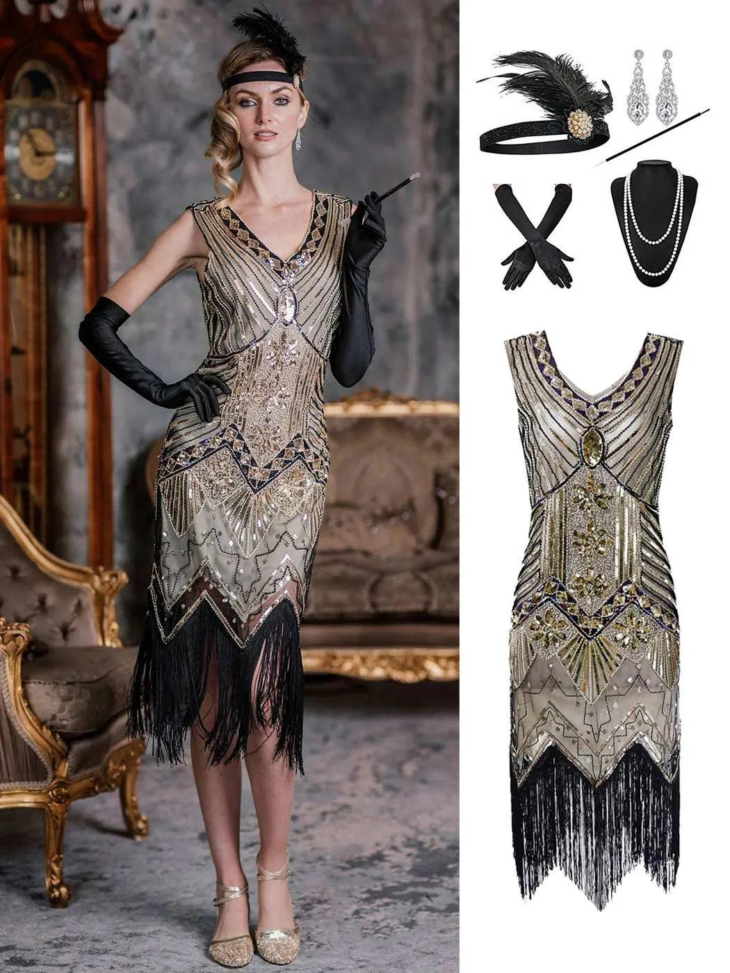 2PCS Top Seller Champagne 1920s Dress & Accessories Set