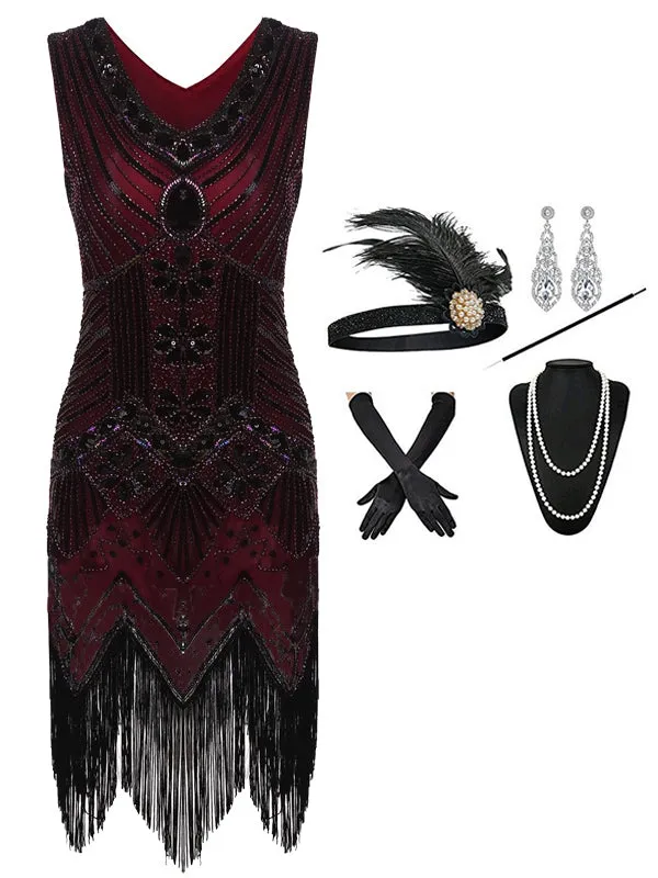 2PCS Wine Red 1920s Dress & Accessories Set