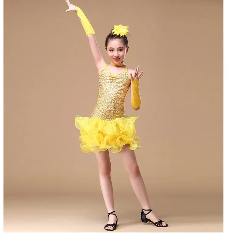 6-15 Years Children Dance Outfit (Dress, sleeves, headpiece) Sequins Girls Latin Dance Costume