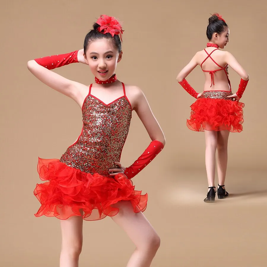 6-15 Years Children Dance Outfit (Dress, sleeves, headpiece) Sequins Girls Latin Dance Costume