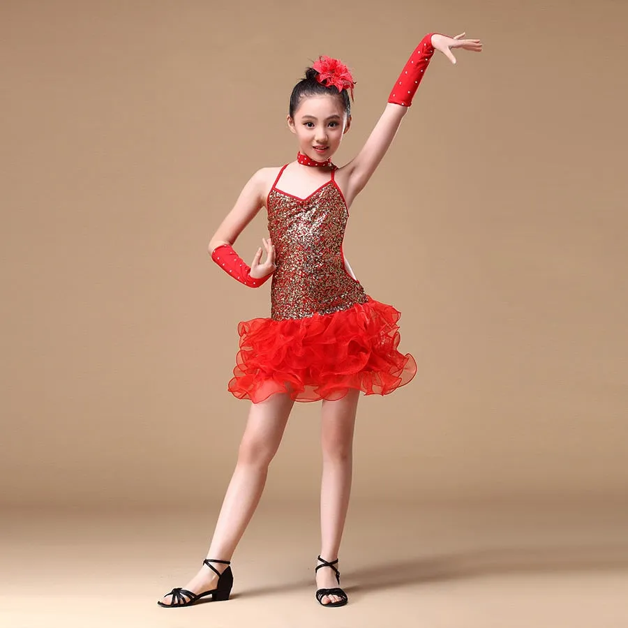 6-15 Years Children Dance Outfit (Dress, sleeves, headpiece) Sequins Girls Latin Dance Costume