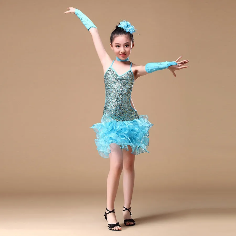 6-15 Years Children Dance Outfit (Dress, sleeves, headpiece) Sequins Girls Latin Dance Costume