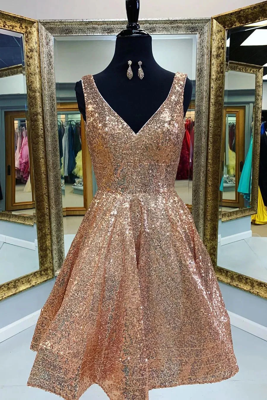 A-line Gold V-Neck Sequins Short Prom Dress Homecoming Dress