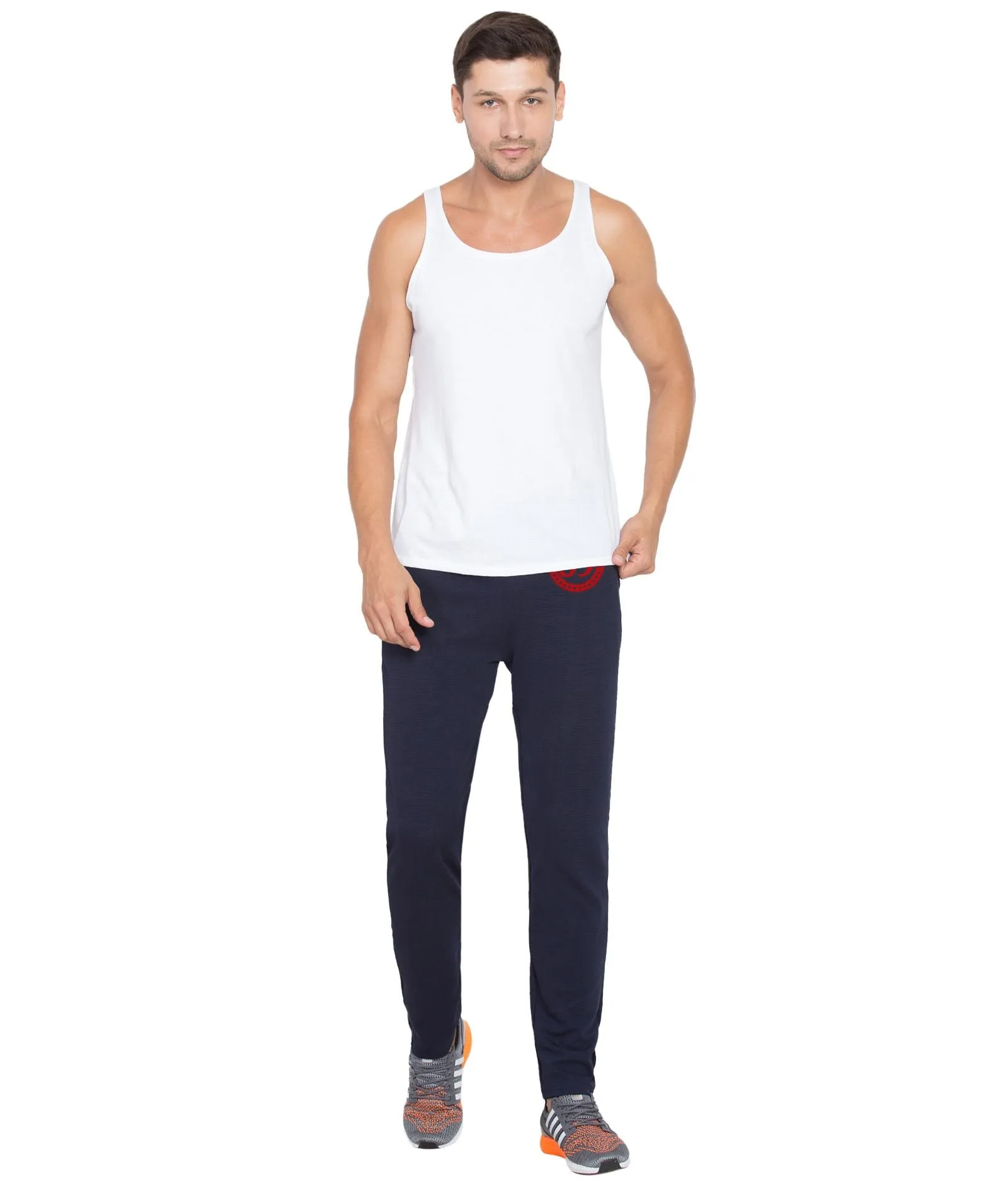 American-Elm Printed Navy Blue Dri Fit Slim Fit Running Track Pant for Men