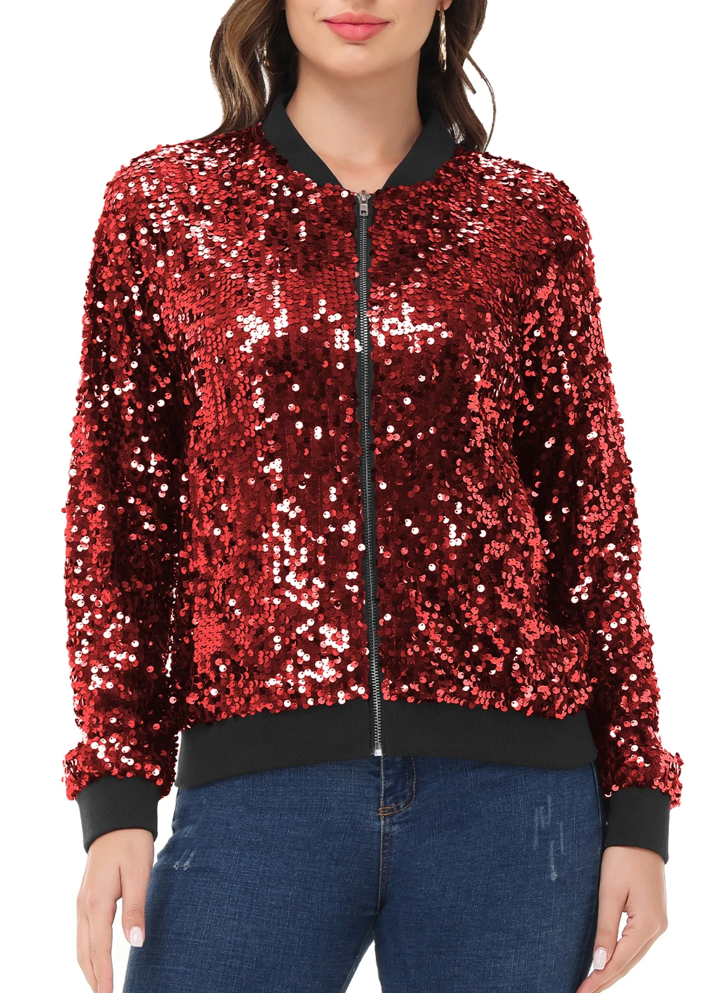 Anna-Kaci Womens Sequin Jacket Sparkle Long Sleeve Front Zip Casual Blazer Bomber Jacket With Pockets