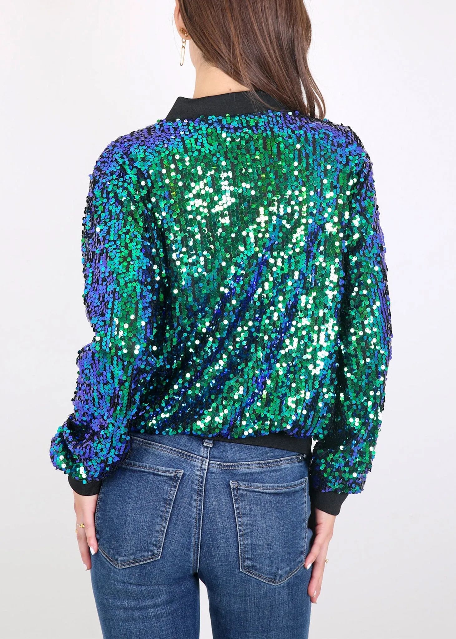 Anna-Kaci Womens Sequin Jacket Sparkle Long Sleeve Front Zip Casual Blazer Bomber Jacket With Pockets