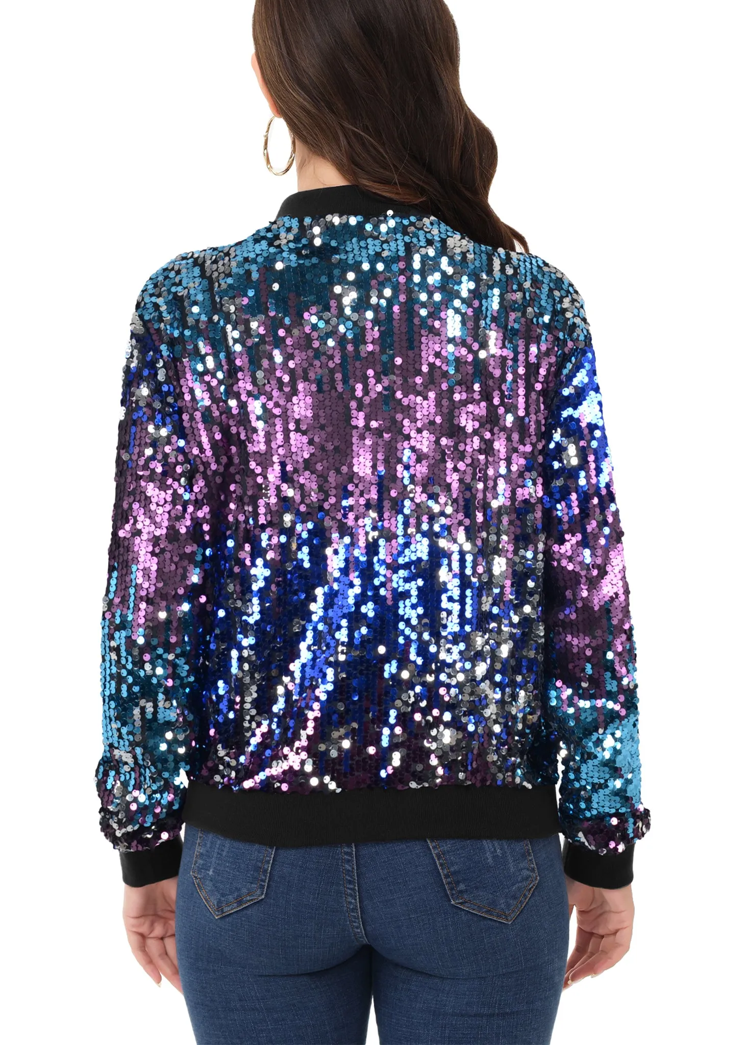 Anna-Kaci Womens Sequin Jacket Sparkle Long Sleeve Front Zip Casual Blazer Bomber Jacket With Pockets