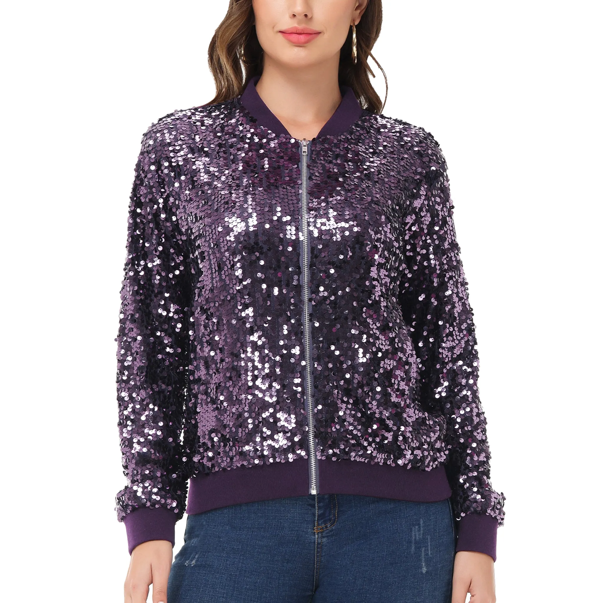 Anna-Kaci Womens Sequin Jacket Sparkle Long Sleeve Front Zip Casual Blazer Bomber Jacket With Pockets