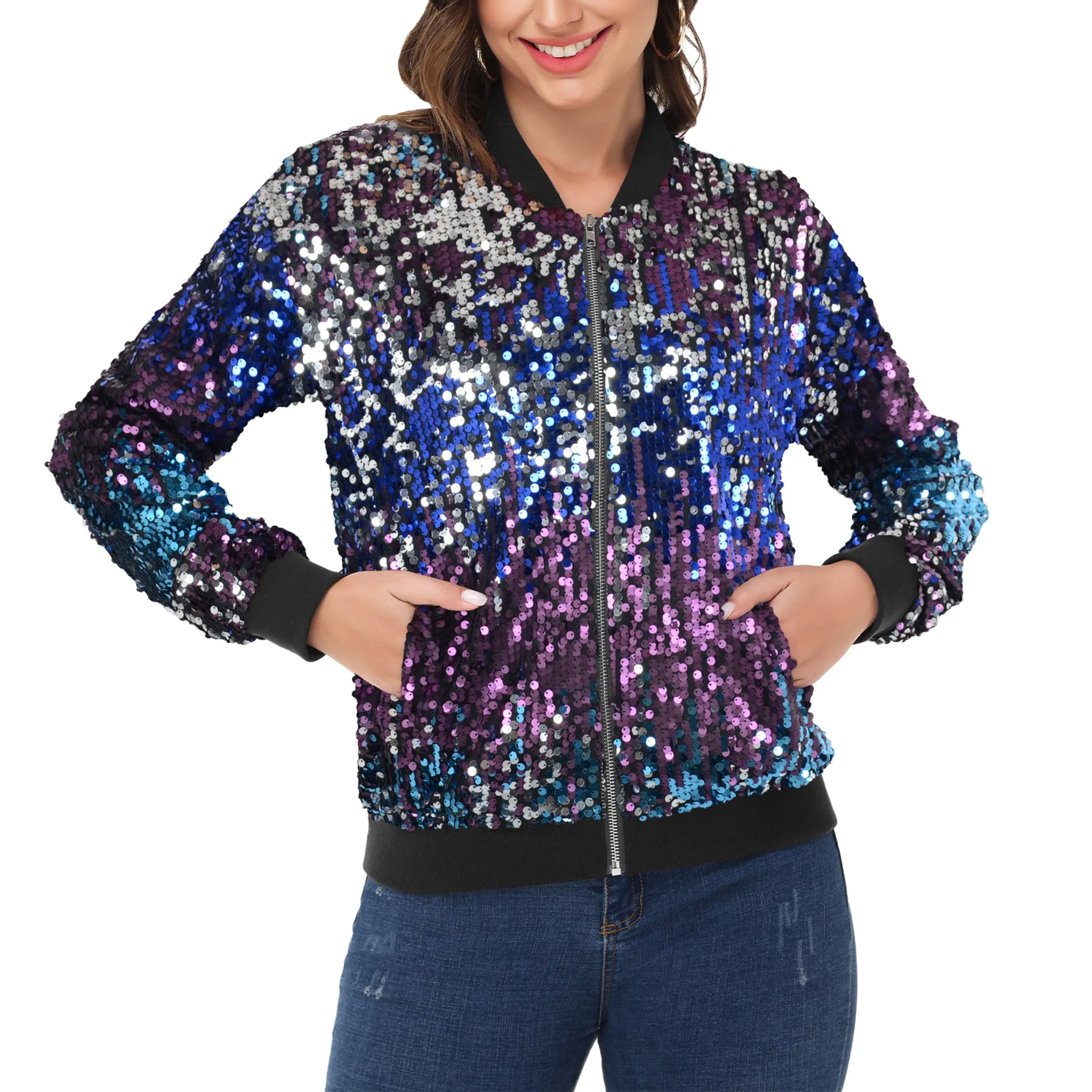 Anna-Kaci Womens Sequin Jacket Sparkle Long Sleeve Front Zip Casual Blazer Bomber Jacket With Pockets