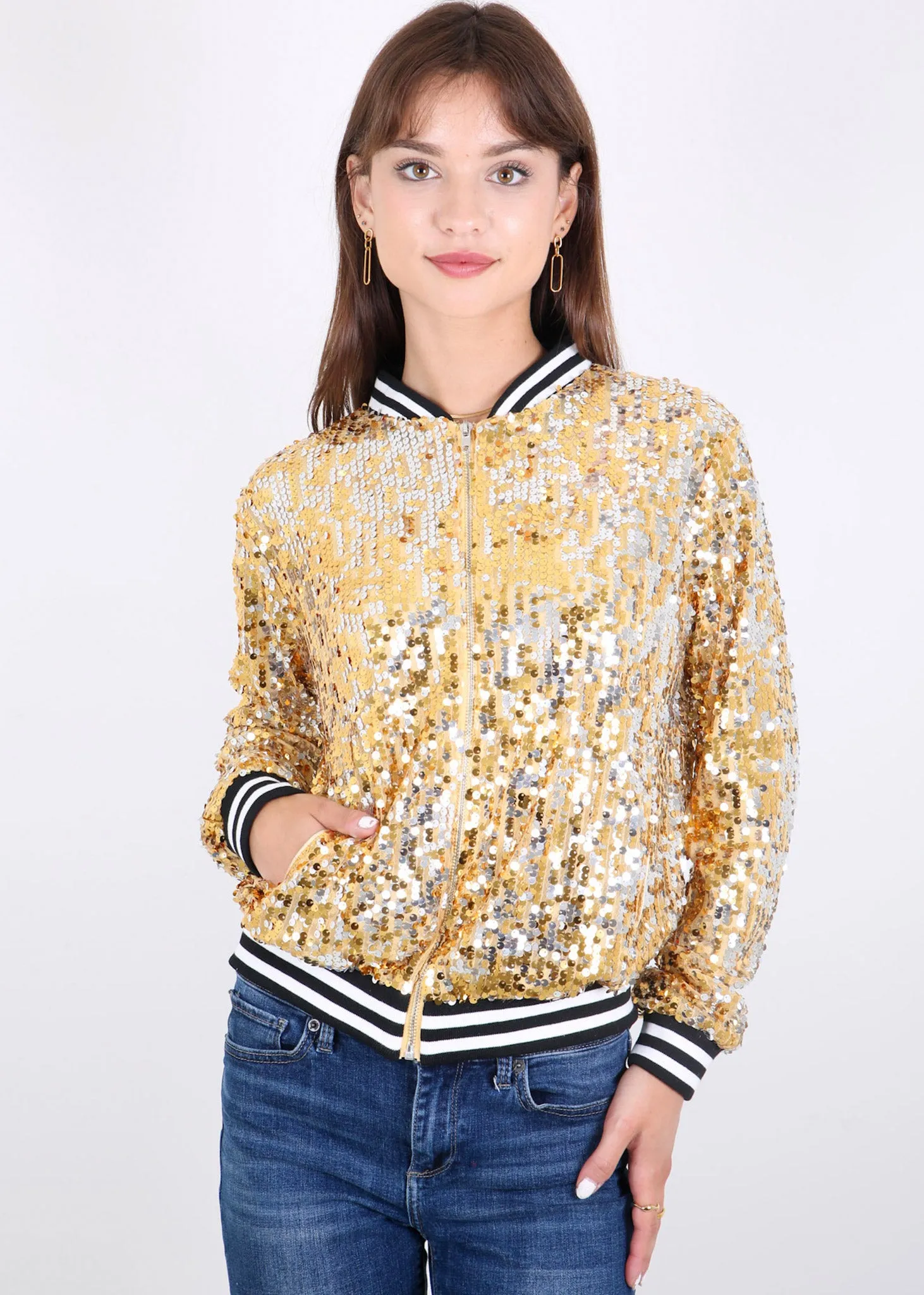 Anna-Kaci Womens Sequin Jacket Sparkle Long Sleeve Front Zip Casual Blazer Bomber Jacket With Pockets