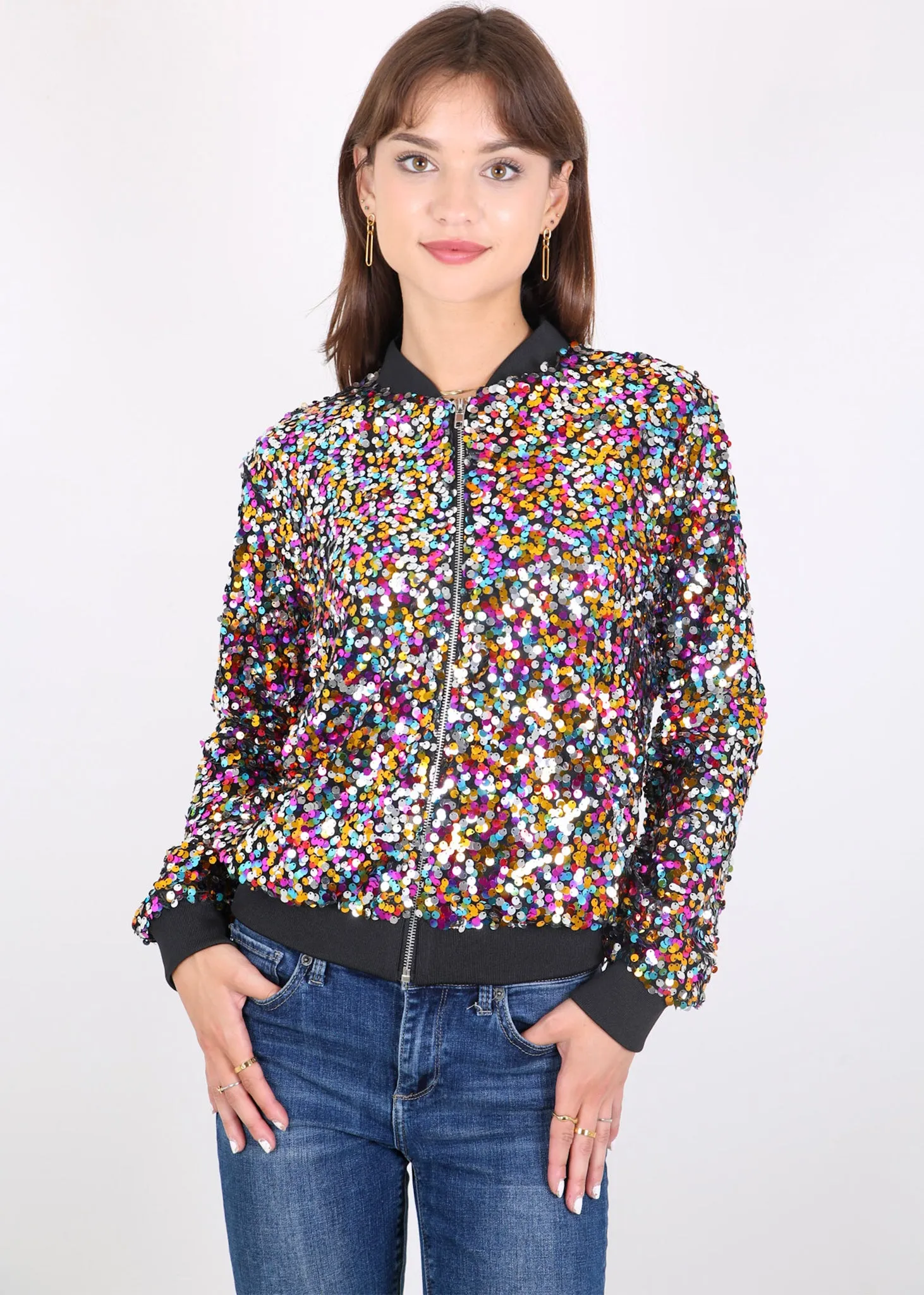 Anna-Kaci Womens Sequin Jacket Sparkle Long Sleeve Front Zip Casual Blazer Bomber Jacket With Pockets