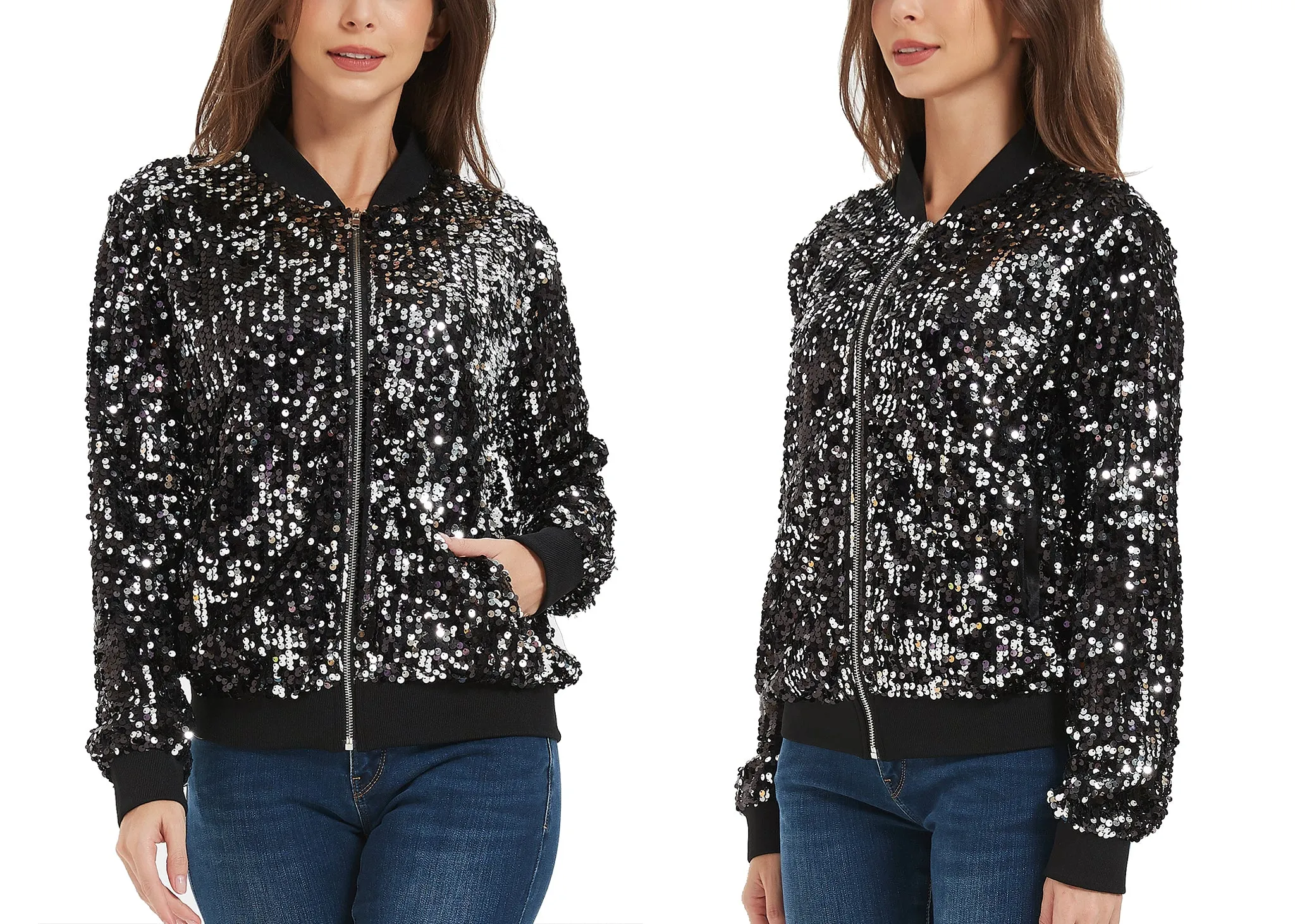 Anna-Kaci Womens Sequin Jacket Sparkle Long Sleeve Front Zip Casual Blazer Bomber Jacket With Pockets