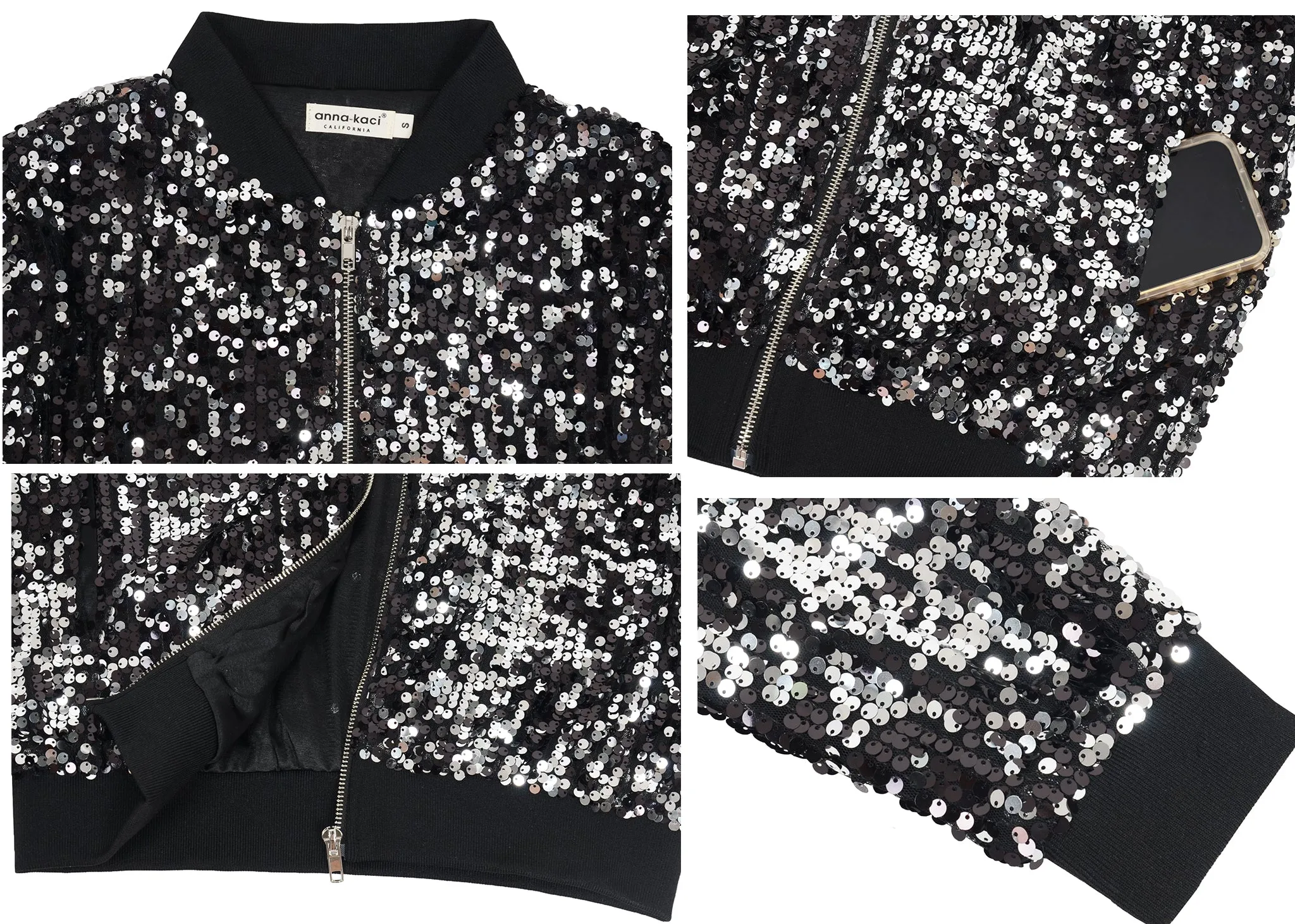 Anna-Kaci Womens Sequin Jacket Sparkle Long Sleeve Front Zip Casual Blazer Bomber Jacket With Pockets