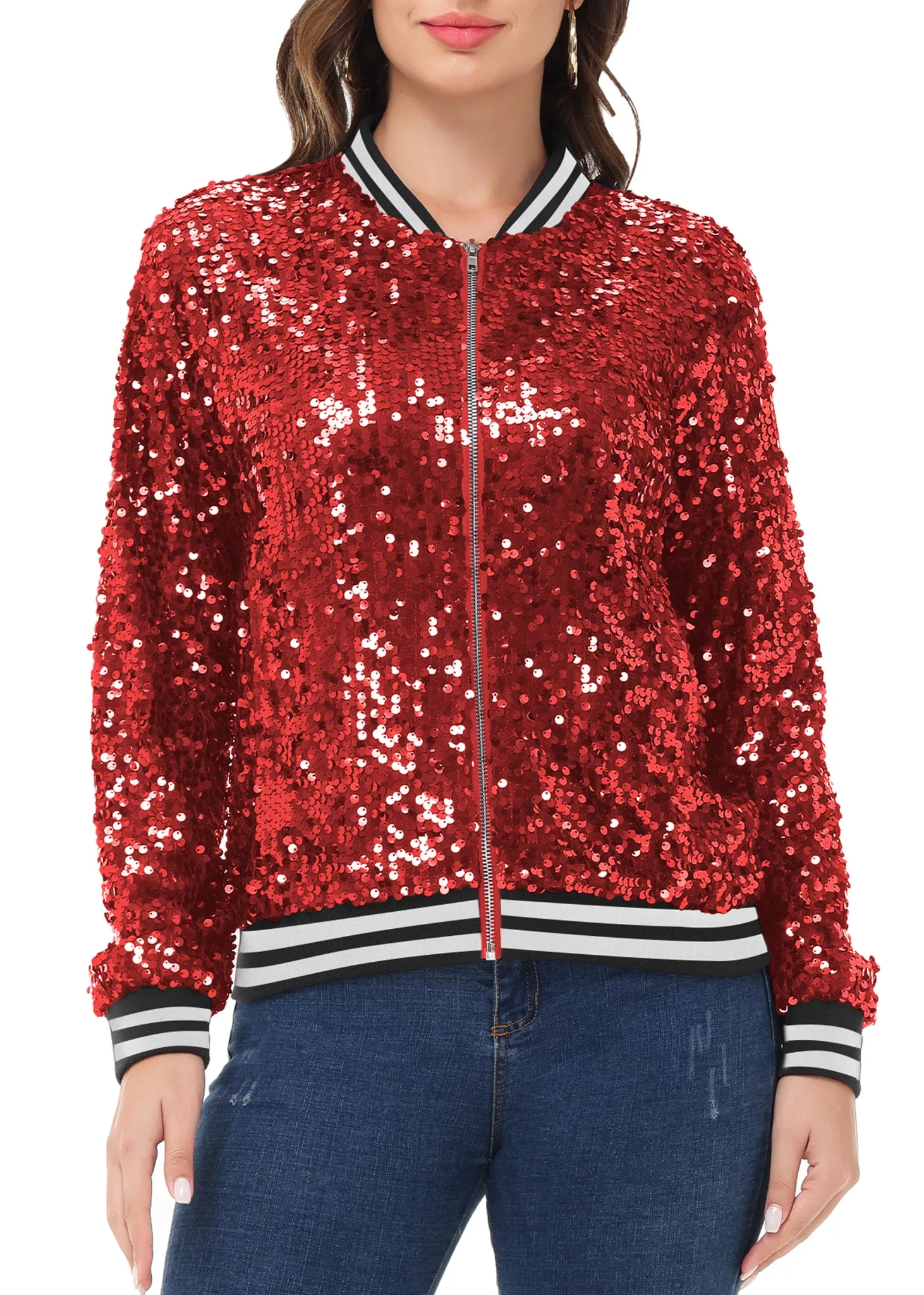 Anna-Kaci Womens Sequin Jacket Sparkle Long Sleeve Front Zip Casual Blazer Bomber Jacket With Pockets