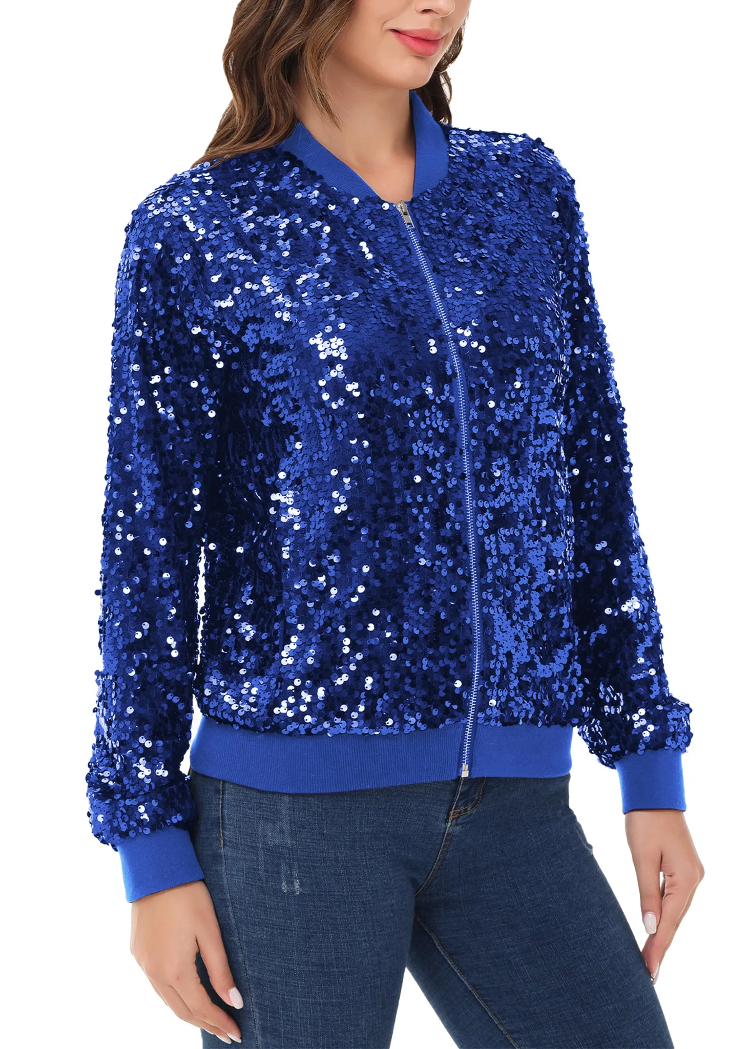 Anna-Kaci Womens Sequin Jacket Sparkle Long Sleeve Front Zip Casual Blazer Bomber Jacket With Pockets