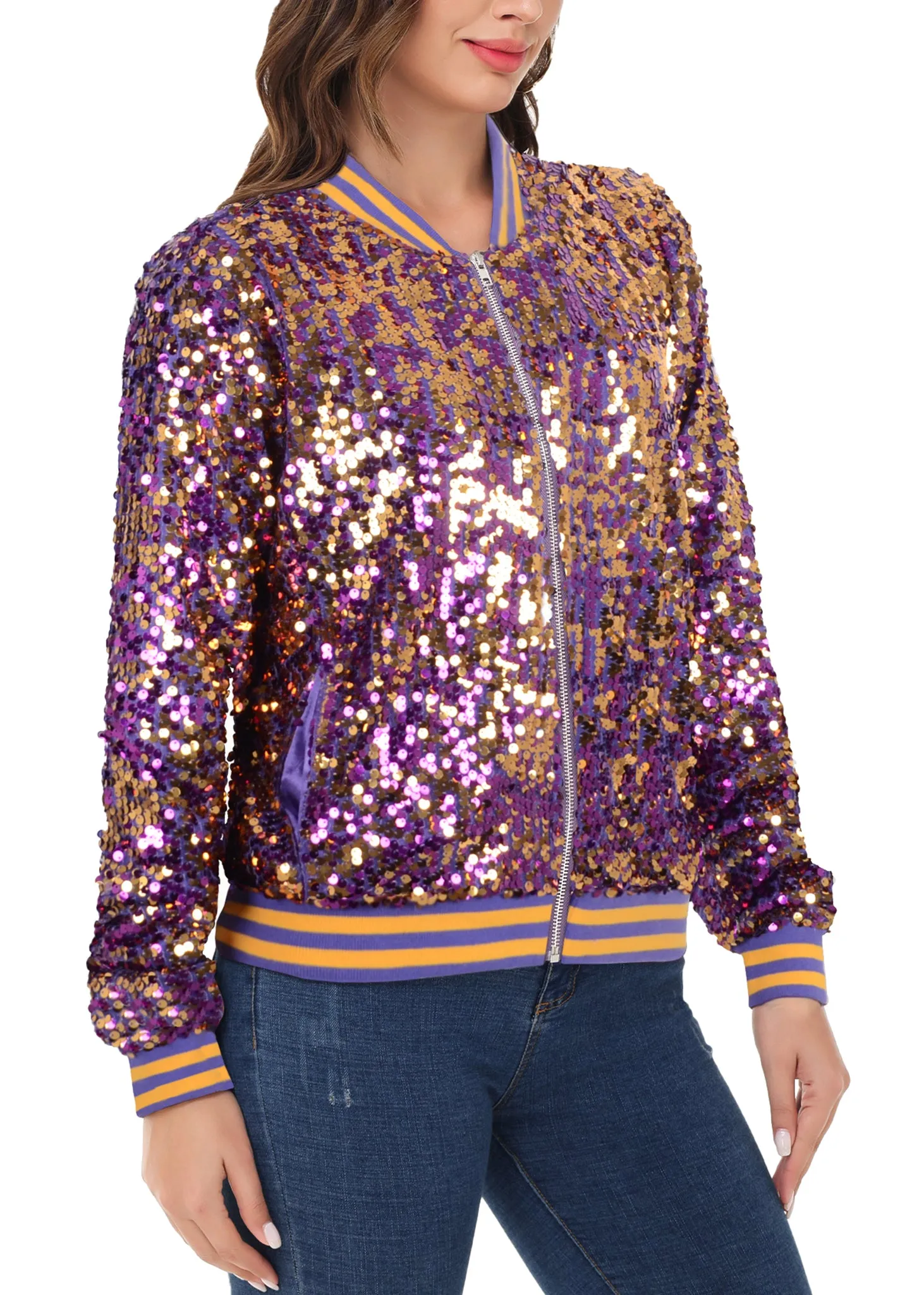 Anna-Kaci Womens Sequin Jacket Sparkle Long Sleeve Front Zip Casual Blazer Bomber Jacket With Pockets