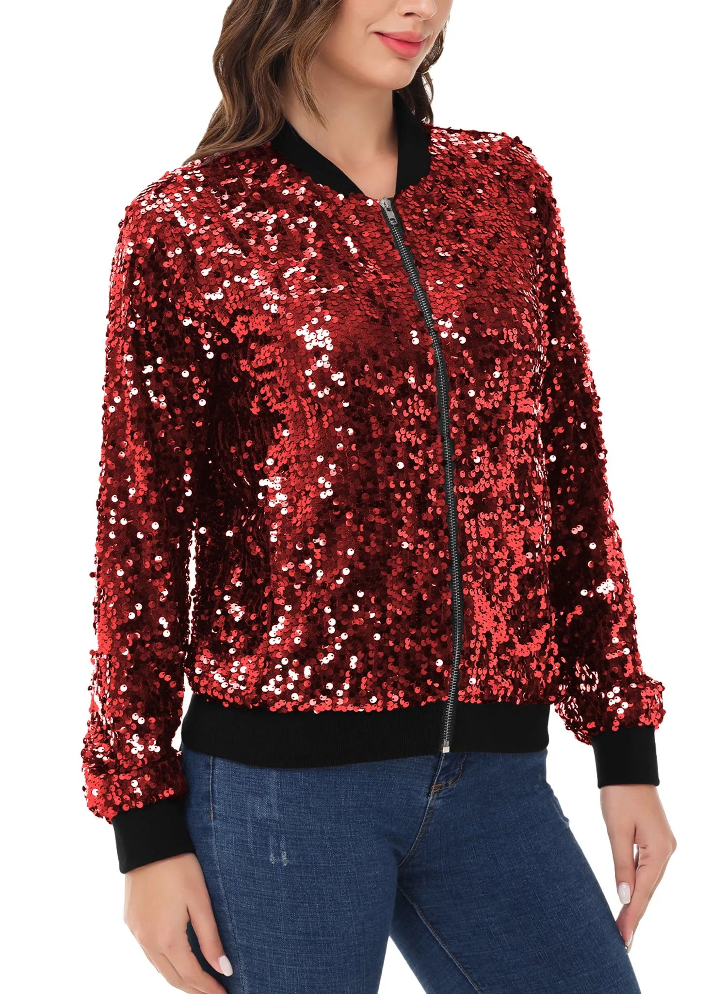 Anna-Kaci Womens Sequin Jacket Sparkle Long Sleeve Front Zip Casual Blazer Bomber Jacket With Pockets