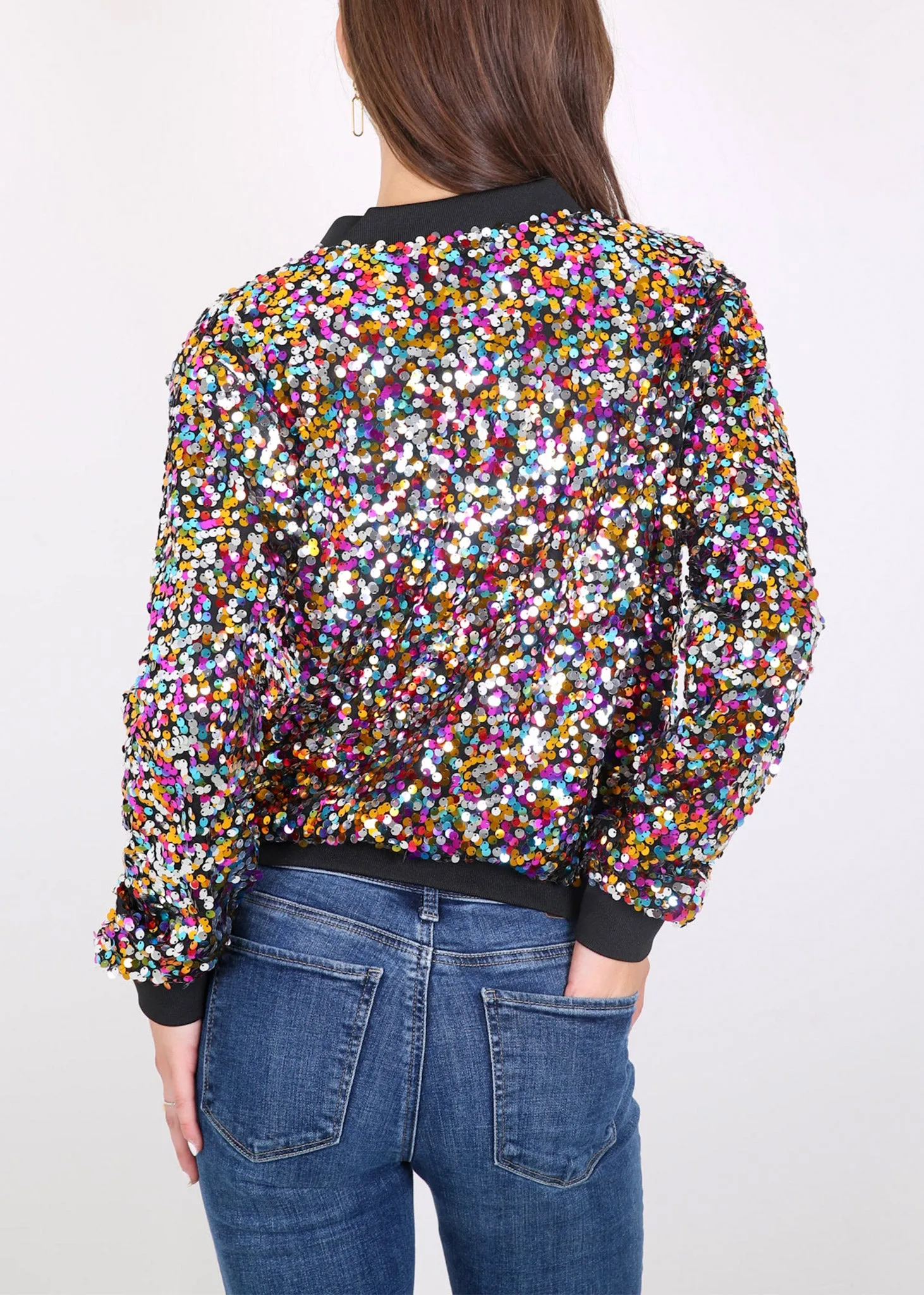 Anna-Kaci Womens Sequin Jacket Sparkle Long Sleeve Front Zip Casual Blazer Bomber Jacket With Pockets