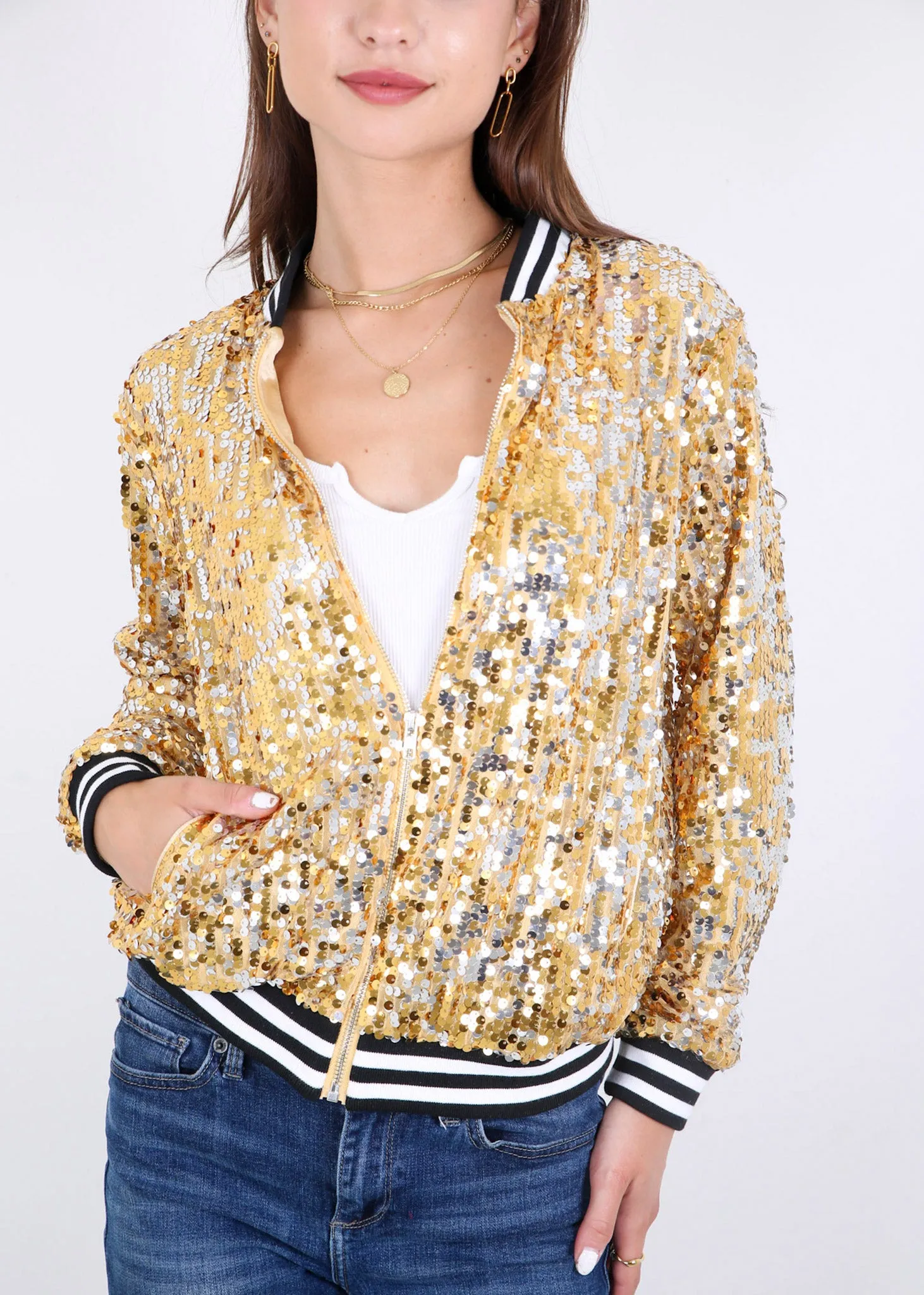 Anna-Kaci Womens Sequin Jacket Sparkle Long Sleeve Front Zip Casual Blazer Bomber Jacket With Pockets