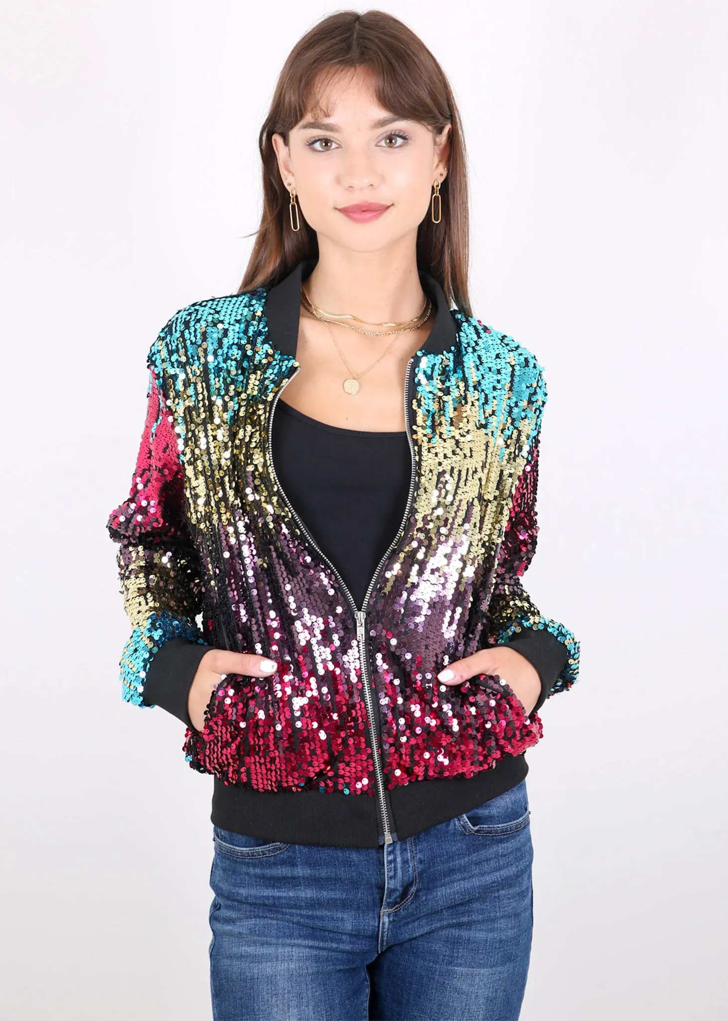 Anna-Kaci Womens Sequin Jacket Sparkle Long Sleeve Front Zip Casual Blazer Bomber Jacket With Pockets