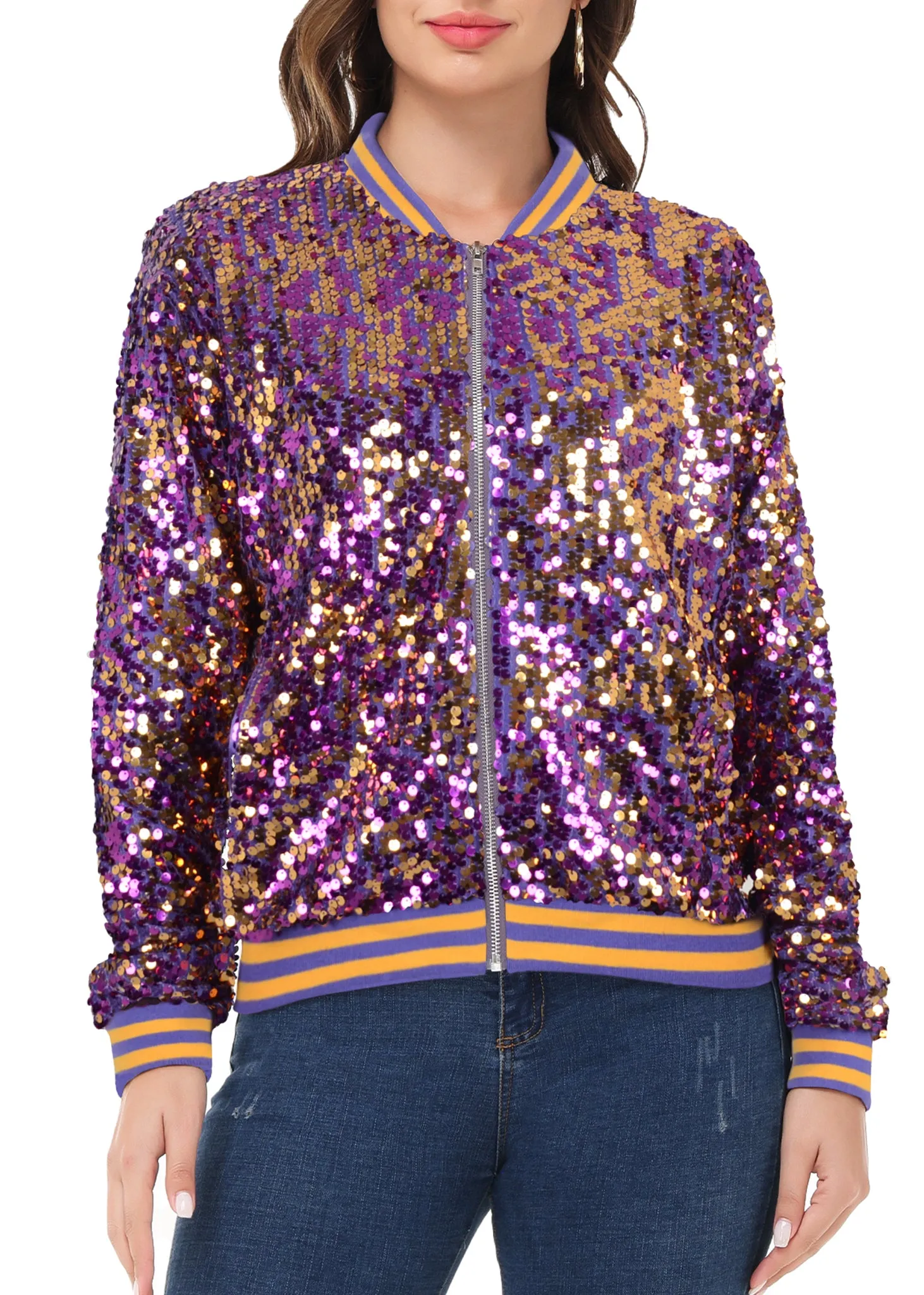 Anna-Kaci Womens Sequin Jacket Sparkle Long Sleeve Front Zip Casual Blazer Bomber Jacket With Pockets