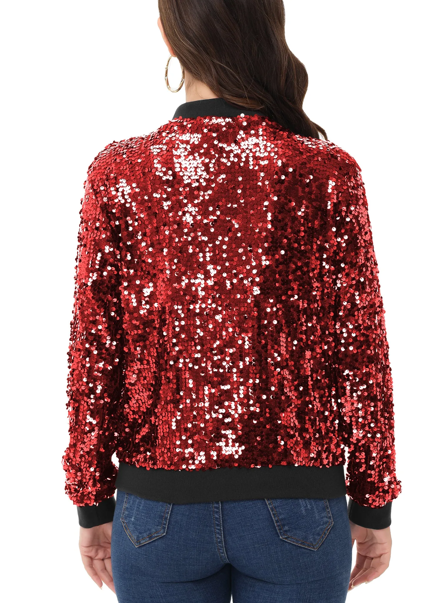 Anna-Kaci Womens Sequin Jacket Sparkle Long Sleeve Front Zip Casual Blazer Bomber Jacket With Pockets