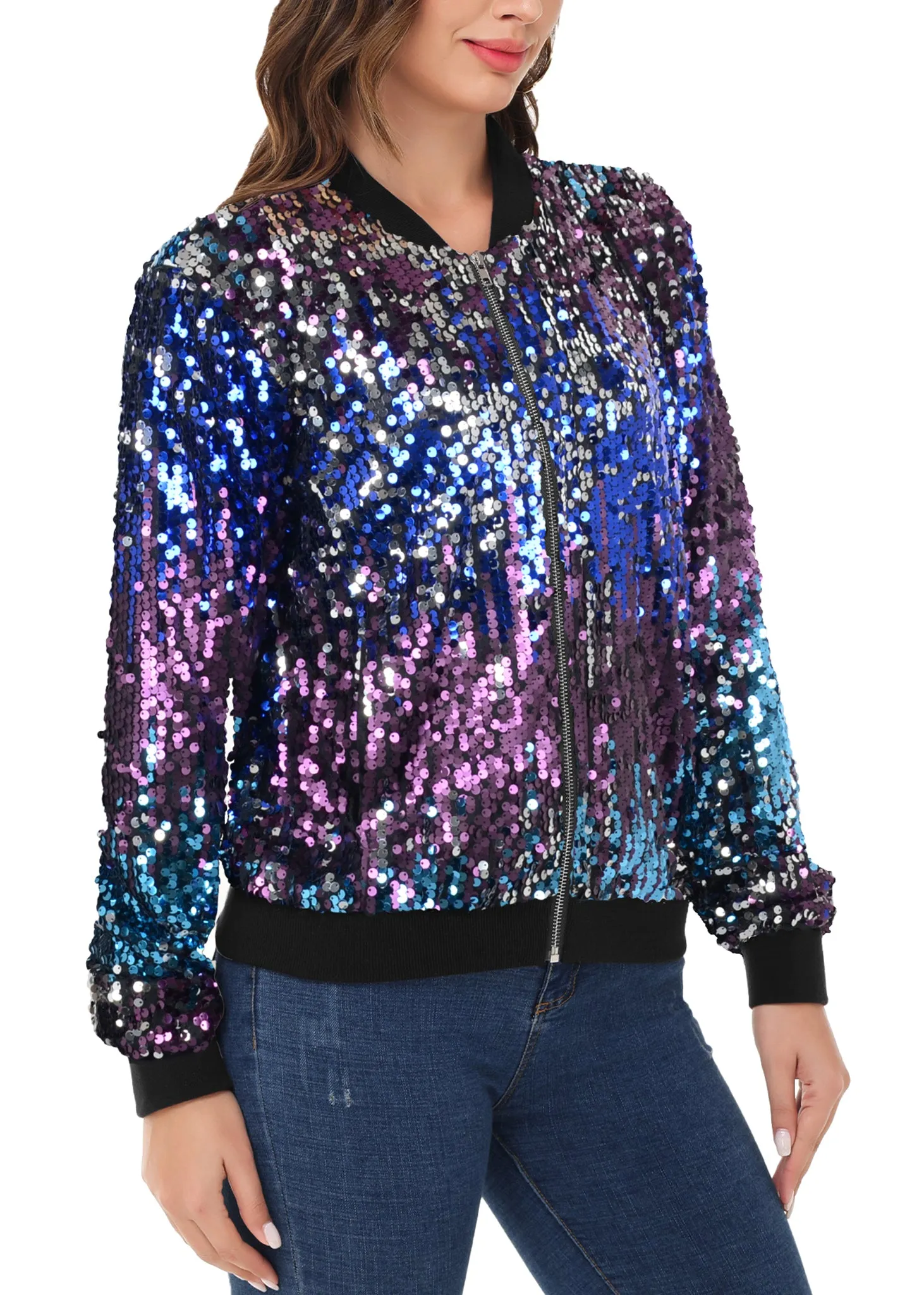 Anna-Kaci Womens Sequin Jacket Sparkle Long Sleeve Front Zip Casual Blazer Bomber Jacket With Pockets