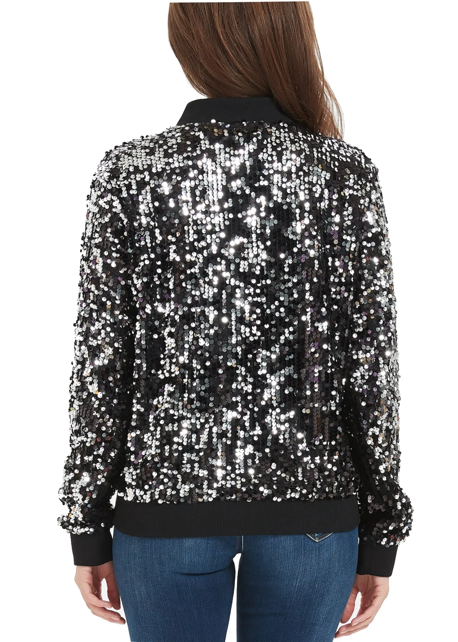 Anna-Kaci Womens Sequin Jacket Sparkle Long Sleeve Front Zip Casual Blazer Bomber Jacket With Pockets