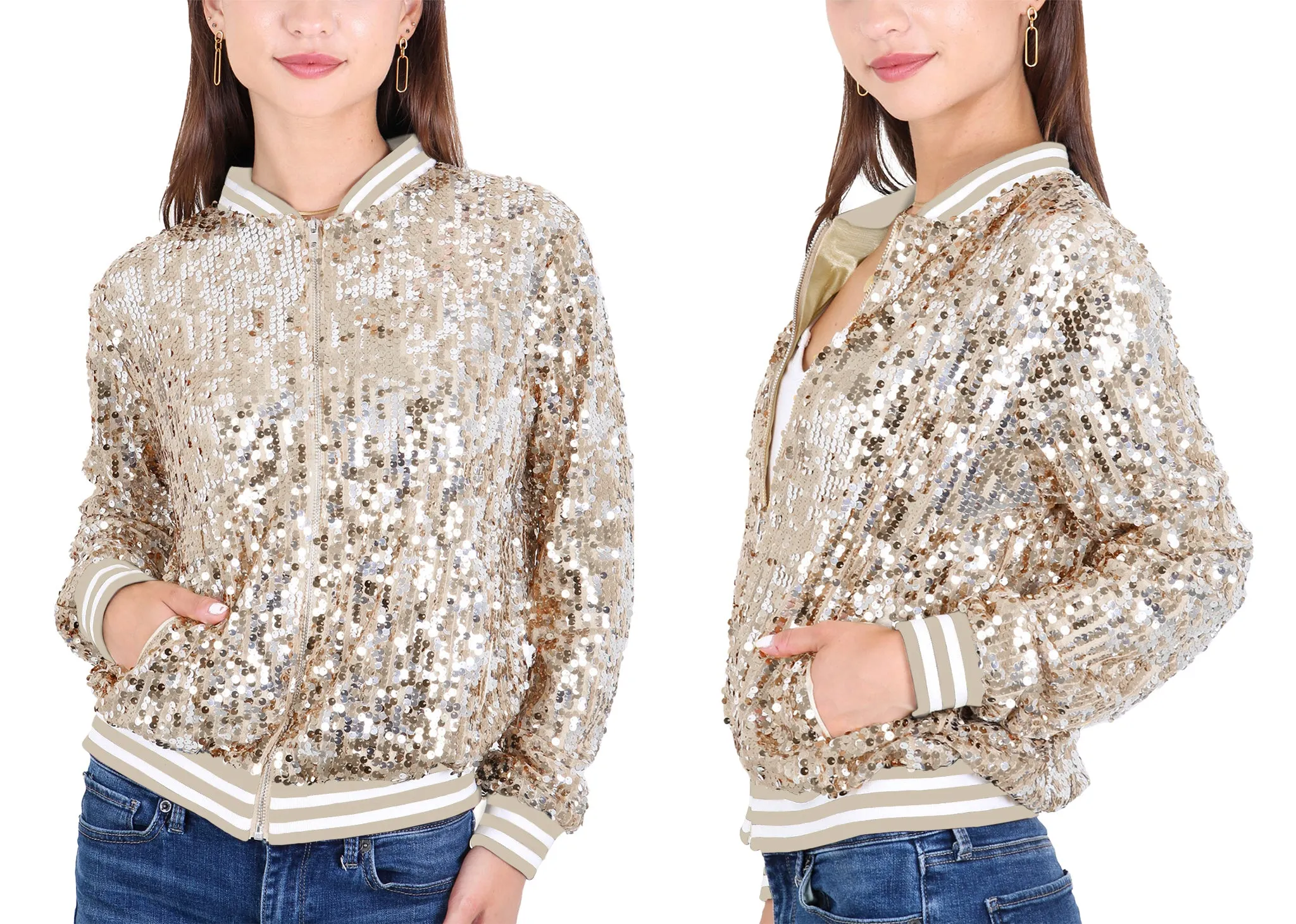 Anna-Kaci Womens Sequin Jacket Sparkle Long Sleeve Front Zip Casual Blazer Bomber Jacket With Pockets