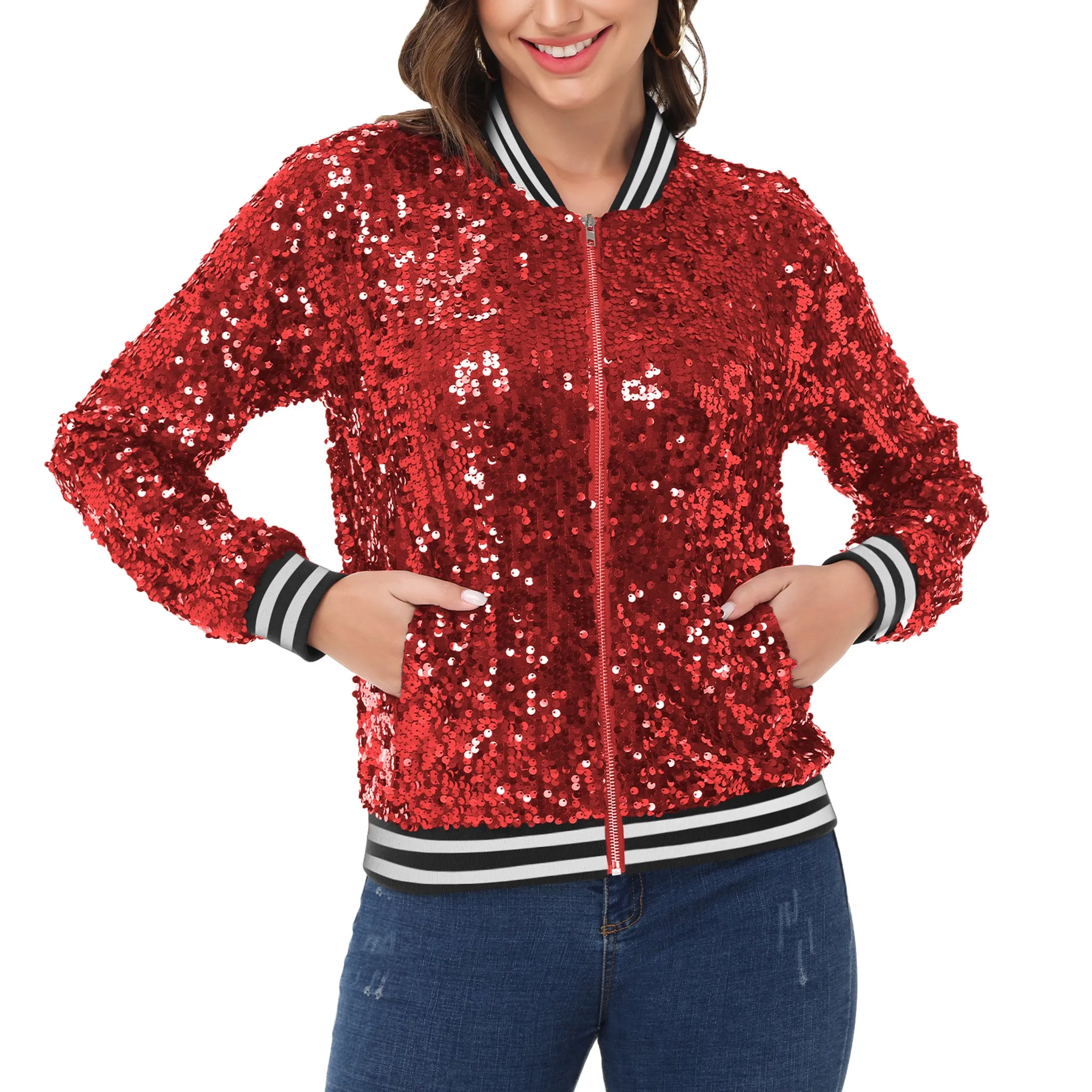 Anna-Kaci Womens Sequin Jacket Sparkle Long Sleeve Front Zip Casual Blazer Bomber Jacket With Pockets