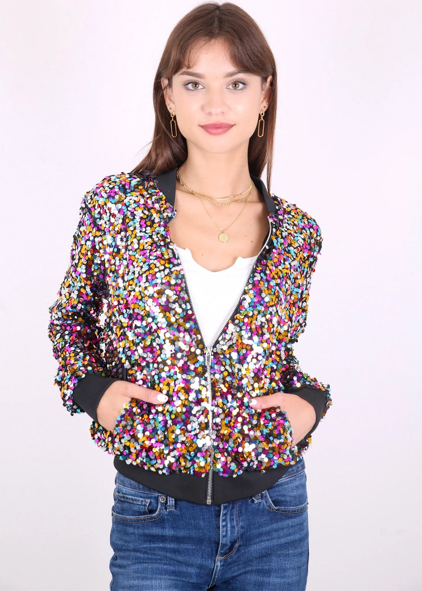 Anna-Kaci Womens Sequin Jacket Sparkle Long Sleeve Front Zip Casual Blazer Bomber Jacket With Pockets