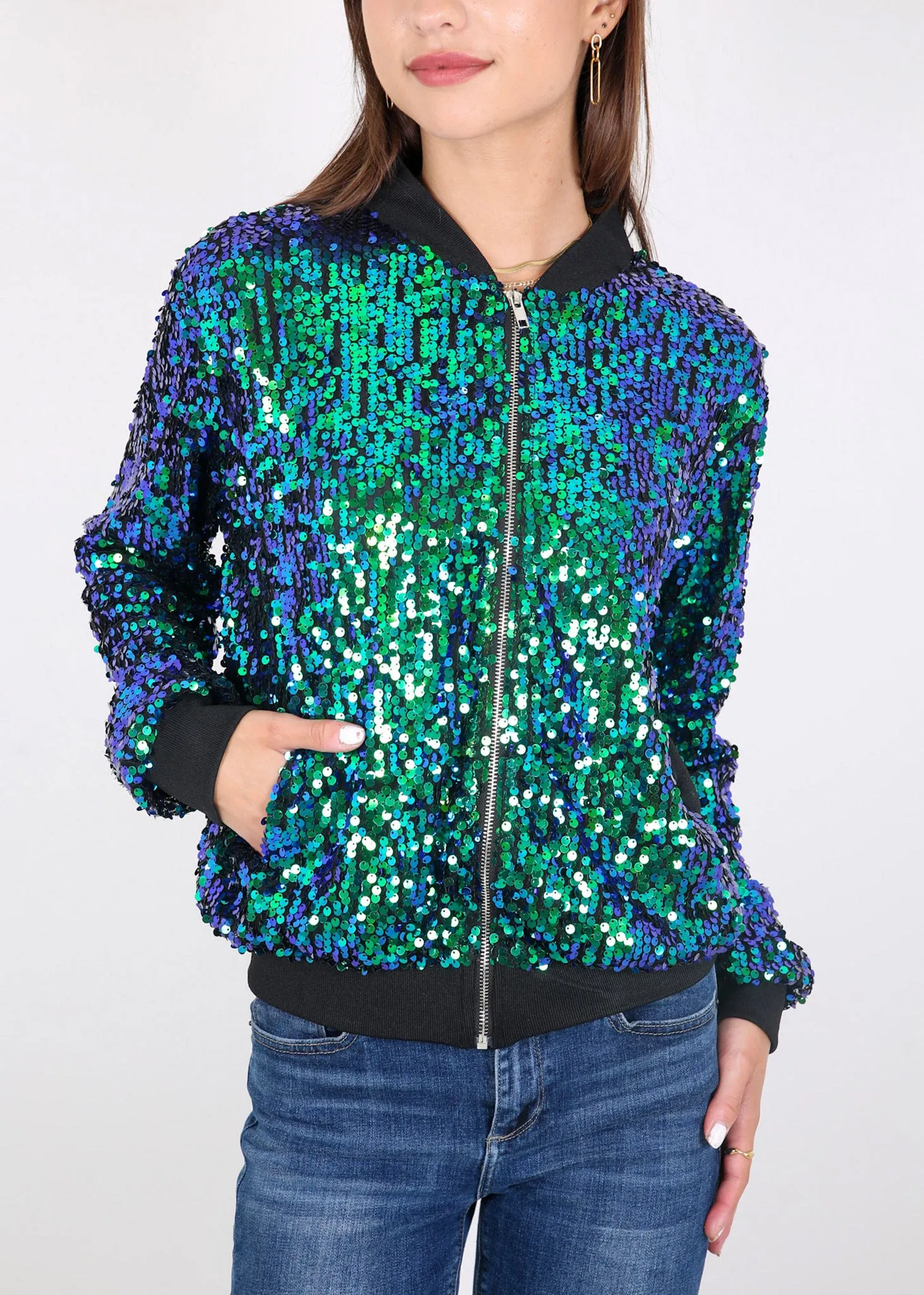 Anna-Kaci Womens Sequin Jacket Sparkle Long Sleeve Front Zip Casual Blazer Bomber Jacket With Pockets