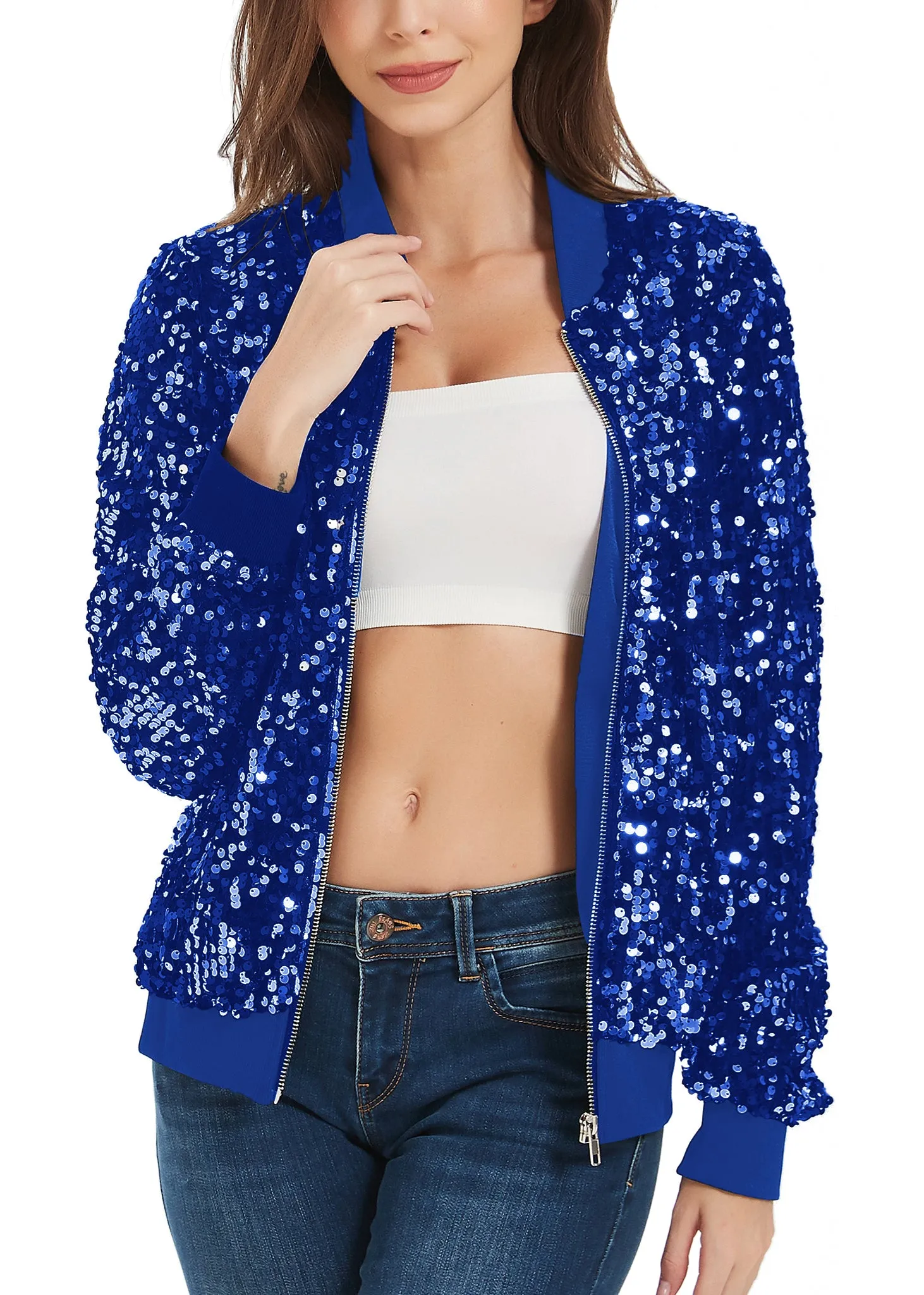 Anna-Kaci Womens Sequin Jacket Sparkle Long Sleeve Front Zip Casual Blazer Bomber Jacket With Pockets