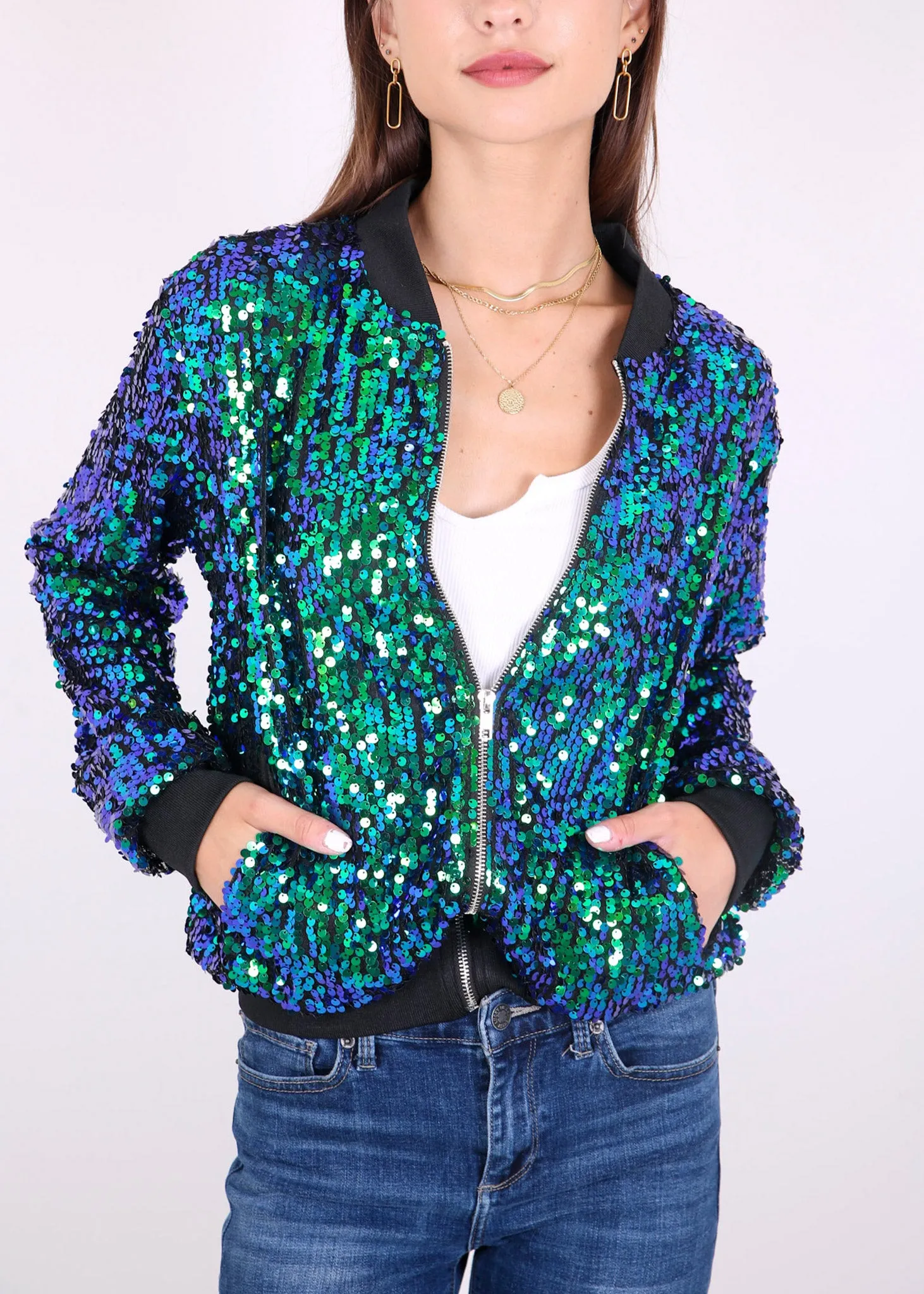 Anna-Kaci Womens Sequin Jacket Sparkle Long Sleeve Front Zip Casual Blazer Bomber Jacket With Pockets