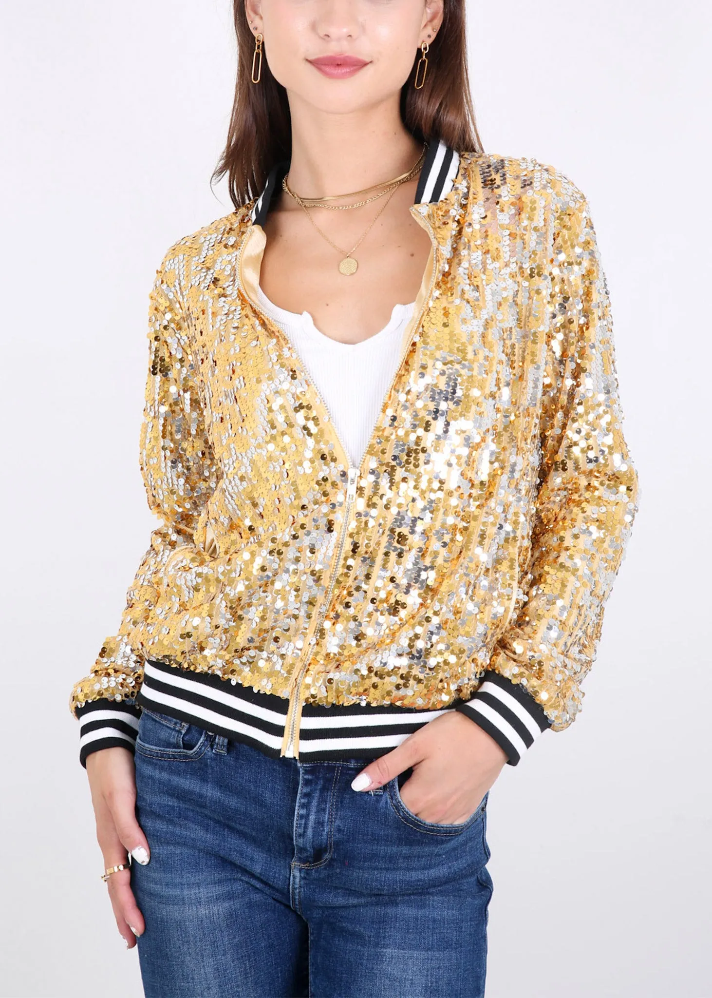 Anna-Kaci Womens Sequin Jacket Sparkle Long Sleeve Front Zip Casual Blazer Bomber Jacket With Pockets