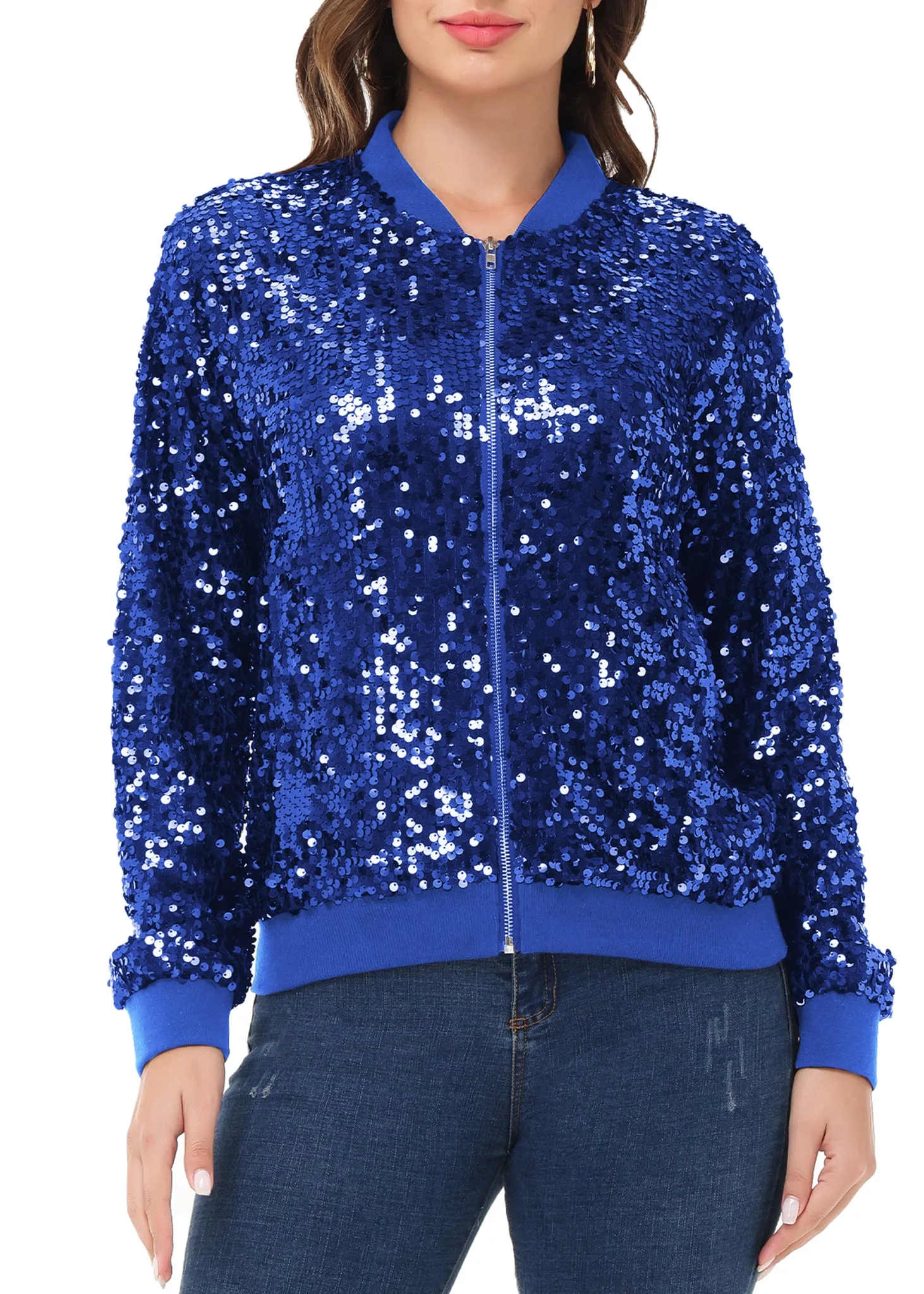 Anna-Kaci Womens Sequin Jacket Sparkle Long Sleeve Front Zip Casual Blazer Bomber Jacket With Pockets