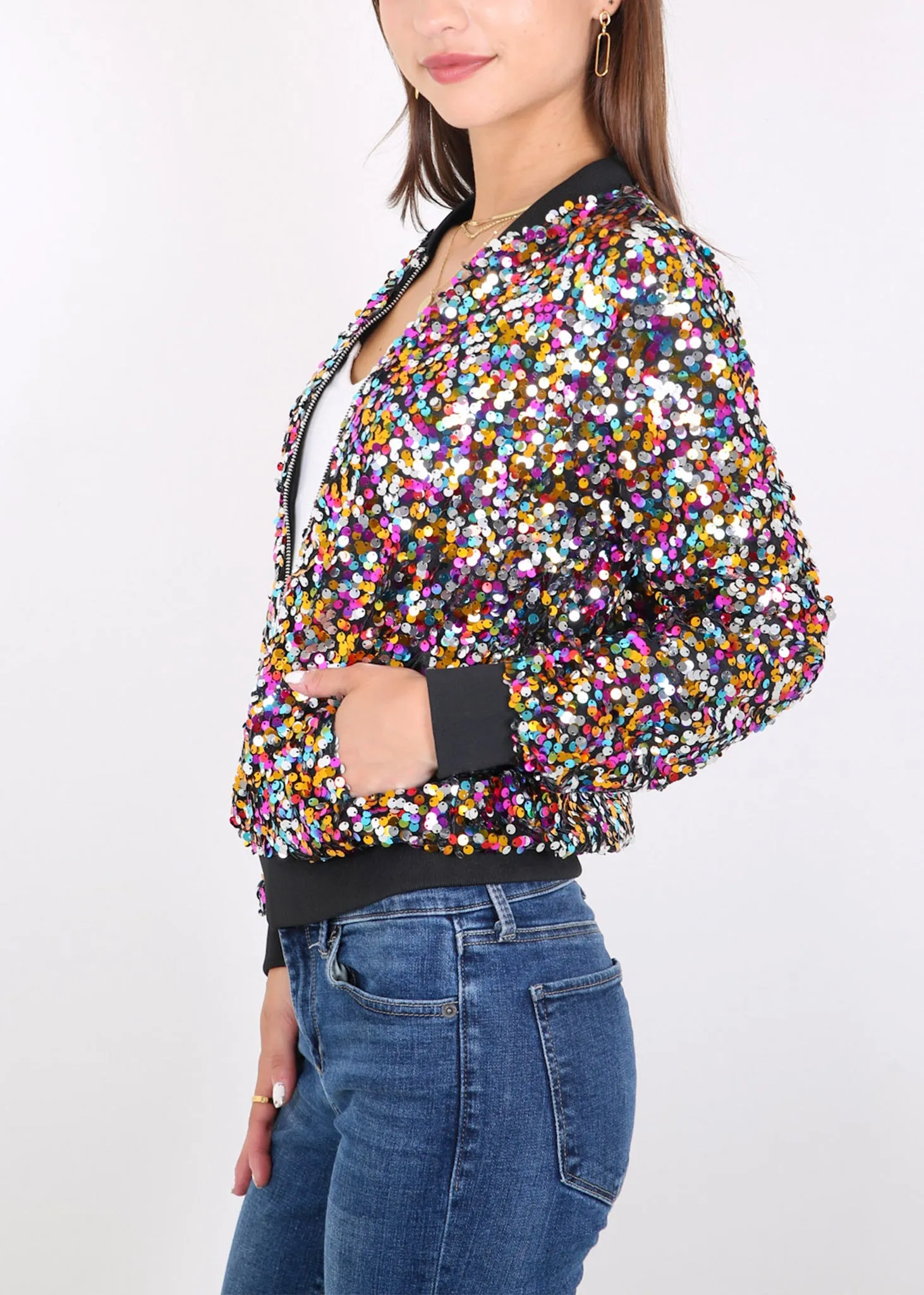 Anna-Kaci Womens Sequin Jacket Sparkle Long Sleeve Front Zip Casual Blazer Bomber Jacket With Pockets