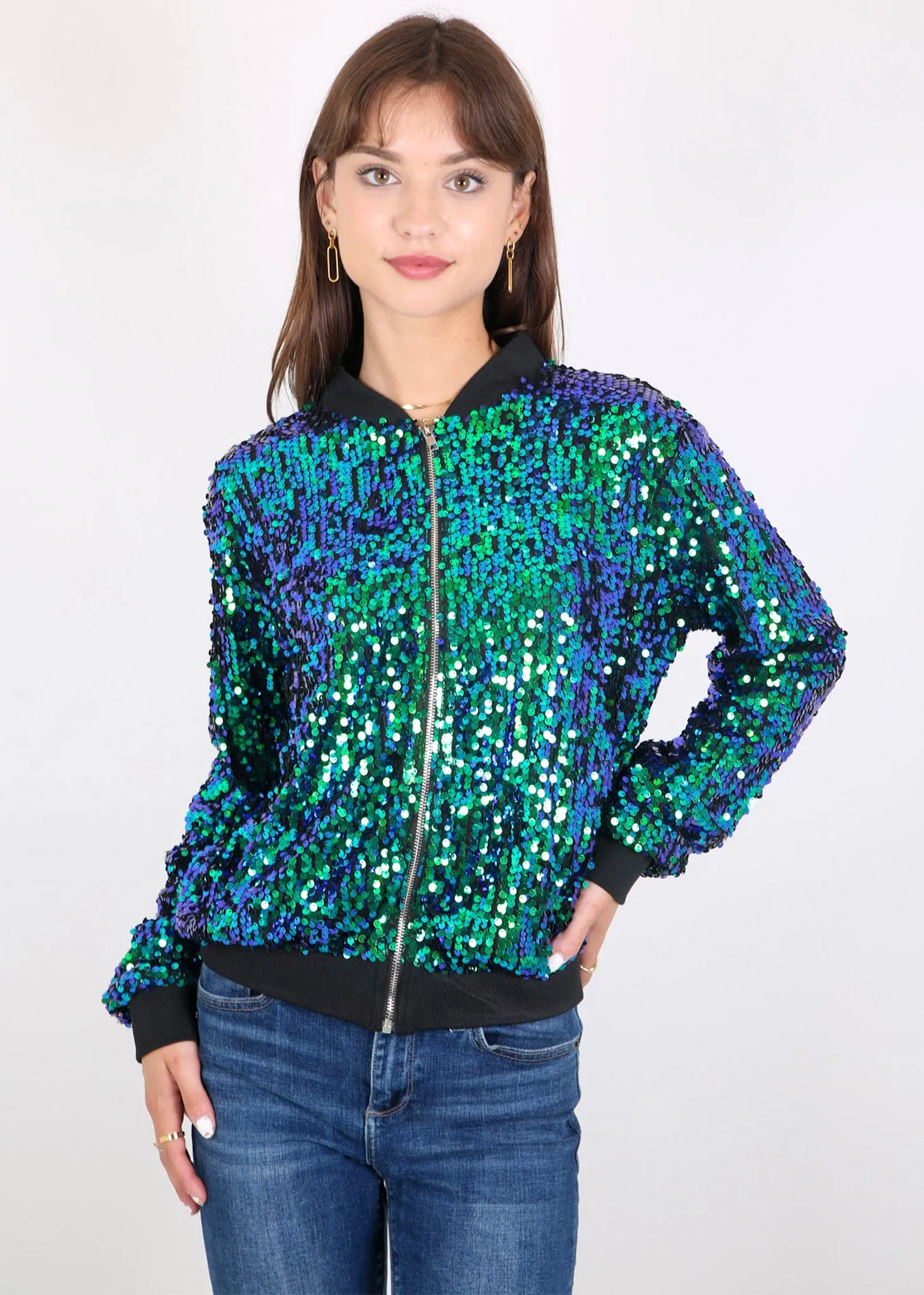 Anna-Kaci Womens Sequin Jacket Sparkle Long Sleeve Front Zip Casual Blazer Bomber Jacket With Pockets