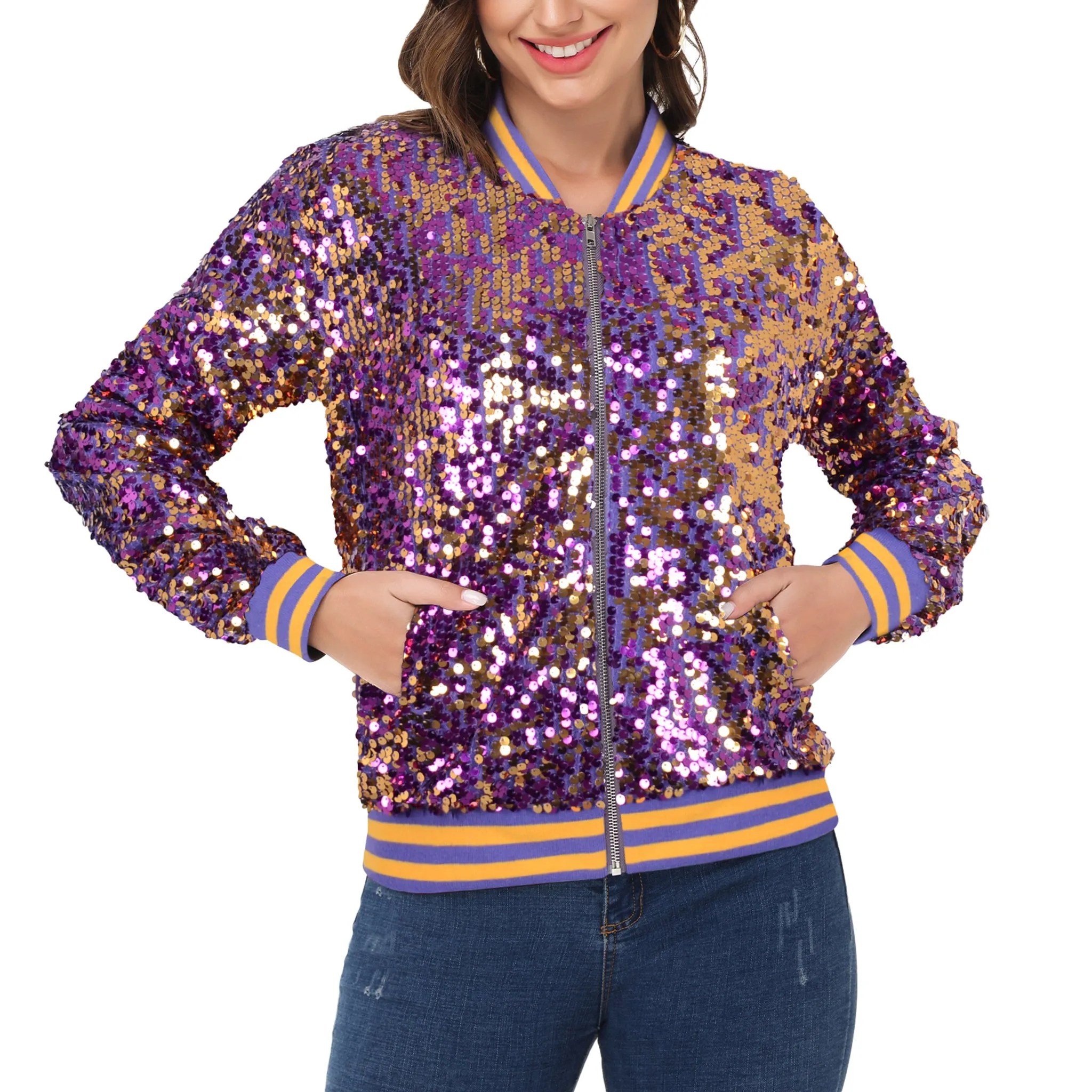 Anna-Kaci Womens Sequin Jacket Sparkle Long Sleeve Front Zip Casual Blazer Bomber Jacket With Pockets