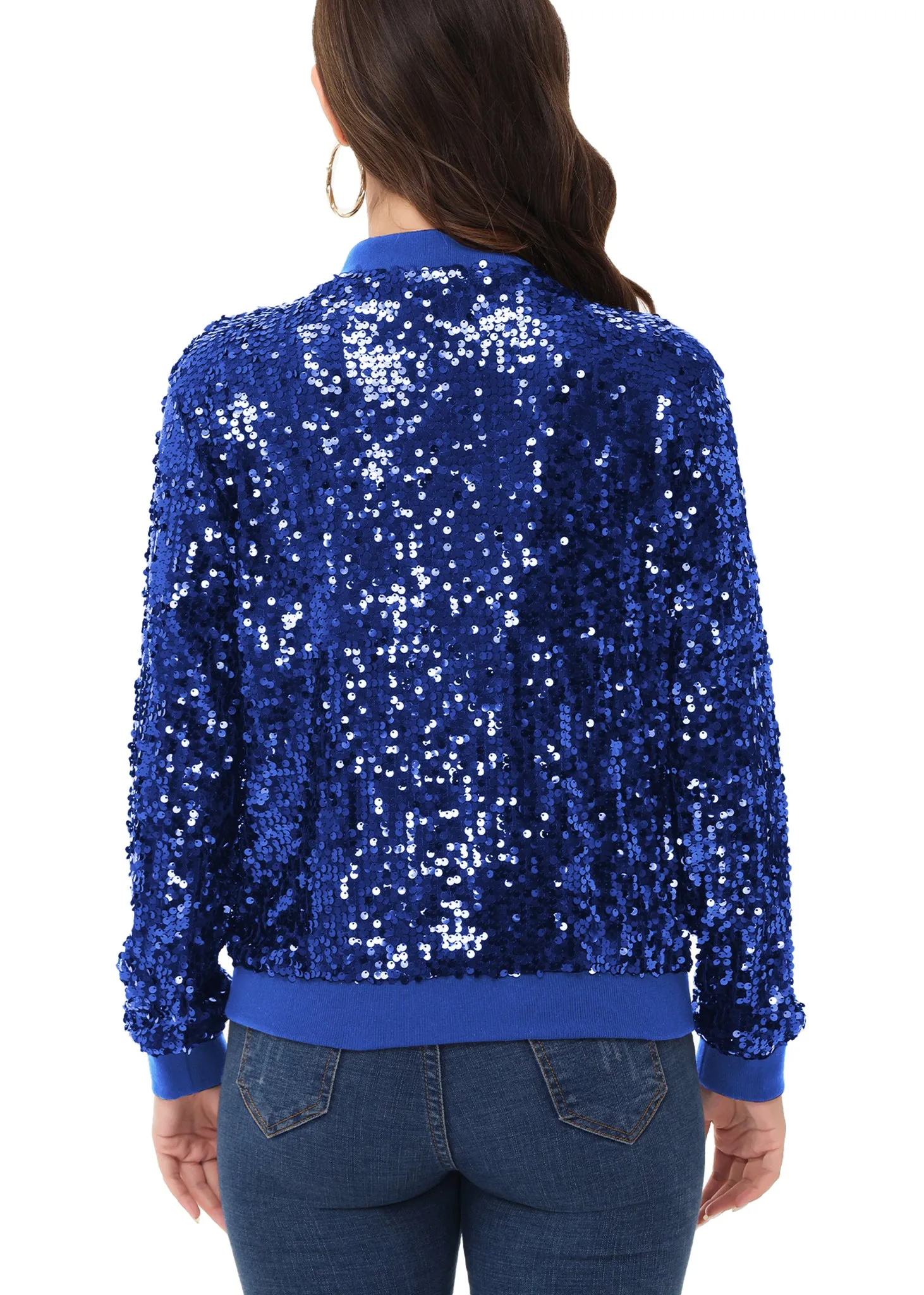 Anna-Kaci Womens Sequin Jacket Sparkle Long Sleeve Front Zip Casual Blazer Bomber Jacket With Pockets