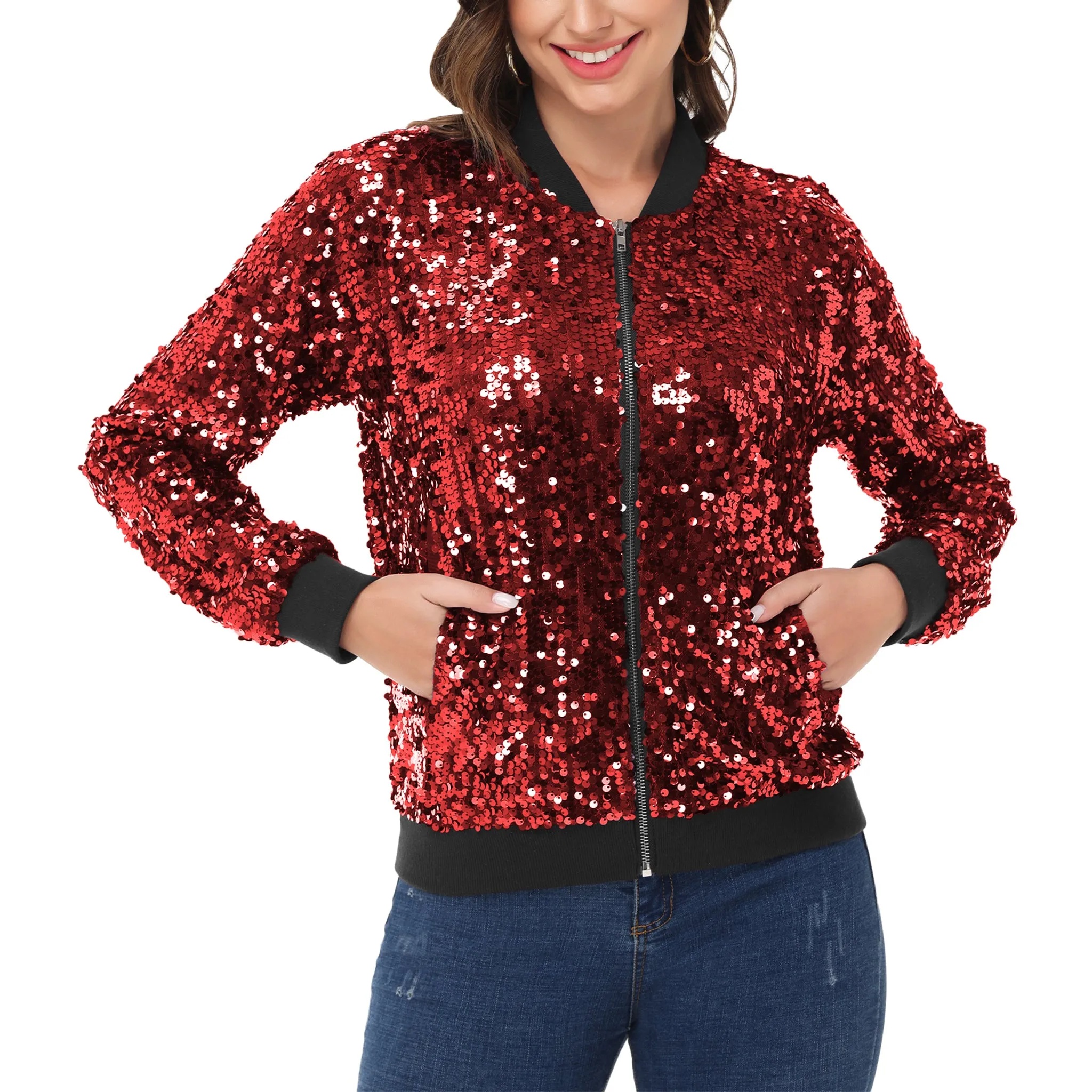 Anna-Kaci Womens Sequin Jacket Sparkle Long Sleeve Front Zip Casual Blazer Bomber Jacket With Pockets