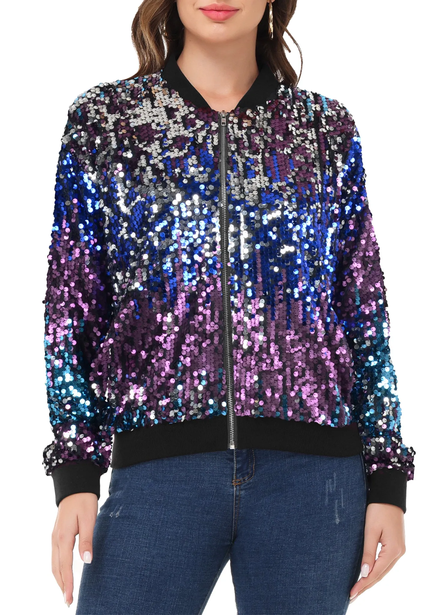 Anna-Kaci Womens Sequin Jacket Sparkle Long Sleeve Front Zip Casual Blazer Bomber Jacket With Pockets