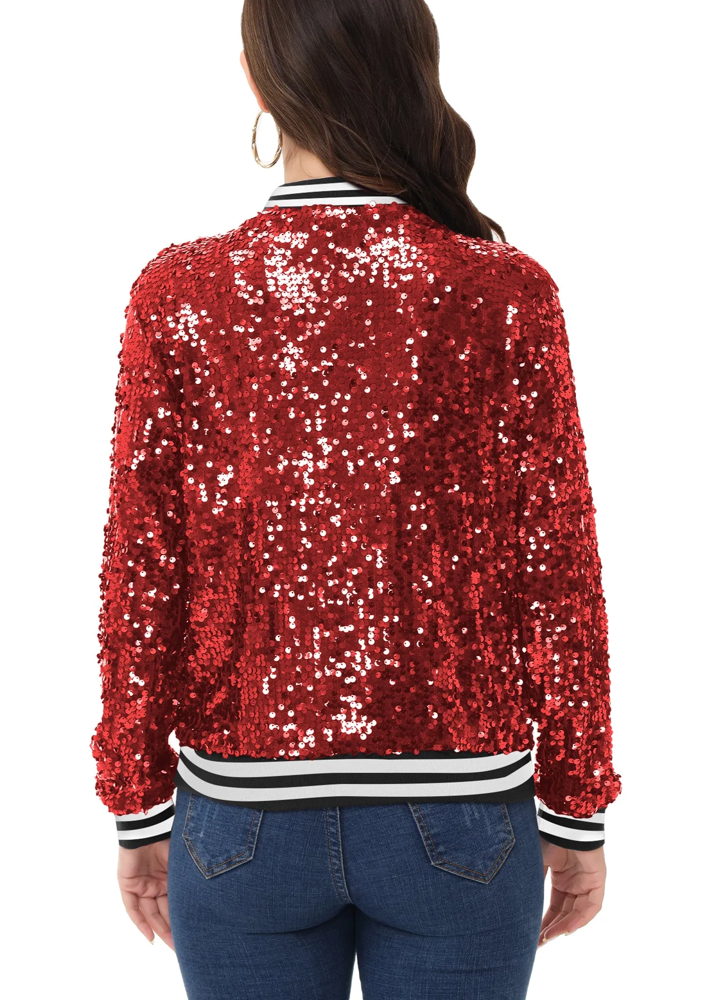 Anna-Kaci Womens Sequin Jacket Sparkle Long Sleeve Front Zip Casual Blazer Bomber Jacket With Pockets