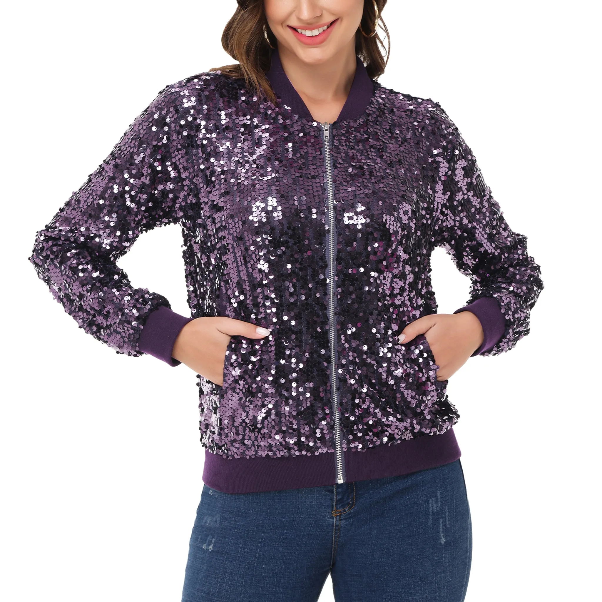 Anna-Kaci Womens Sequin Jacket Sparkle Long Sleeve Front Zip Casual Blazer Bomber Jacket With Pockets