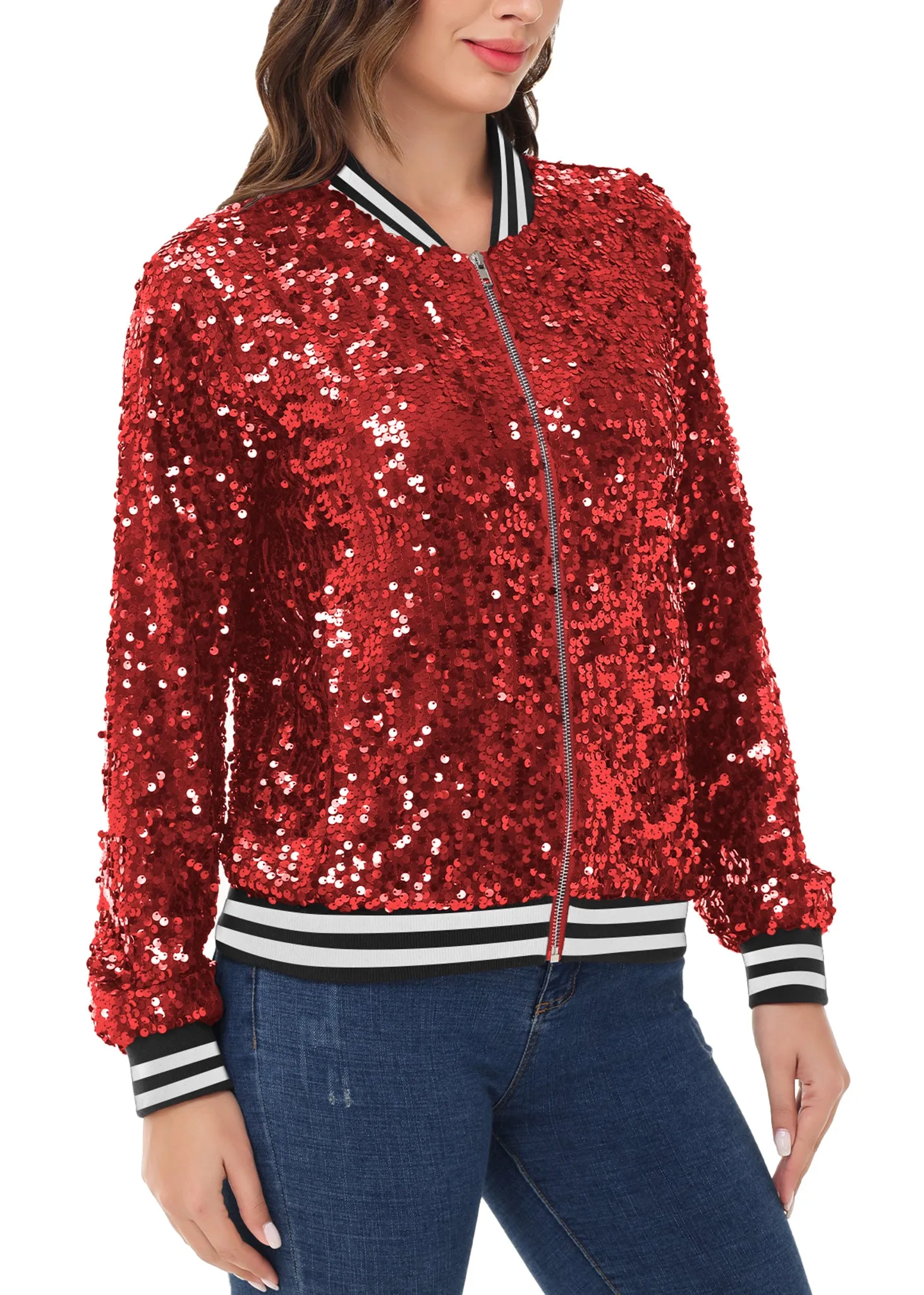 Anna-Kaci Womens Sequin Jacket Sparkle Long Sleeve Front Zip Casual Blazer Bomber Jacket With Pockets