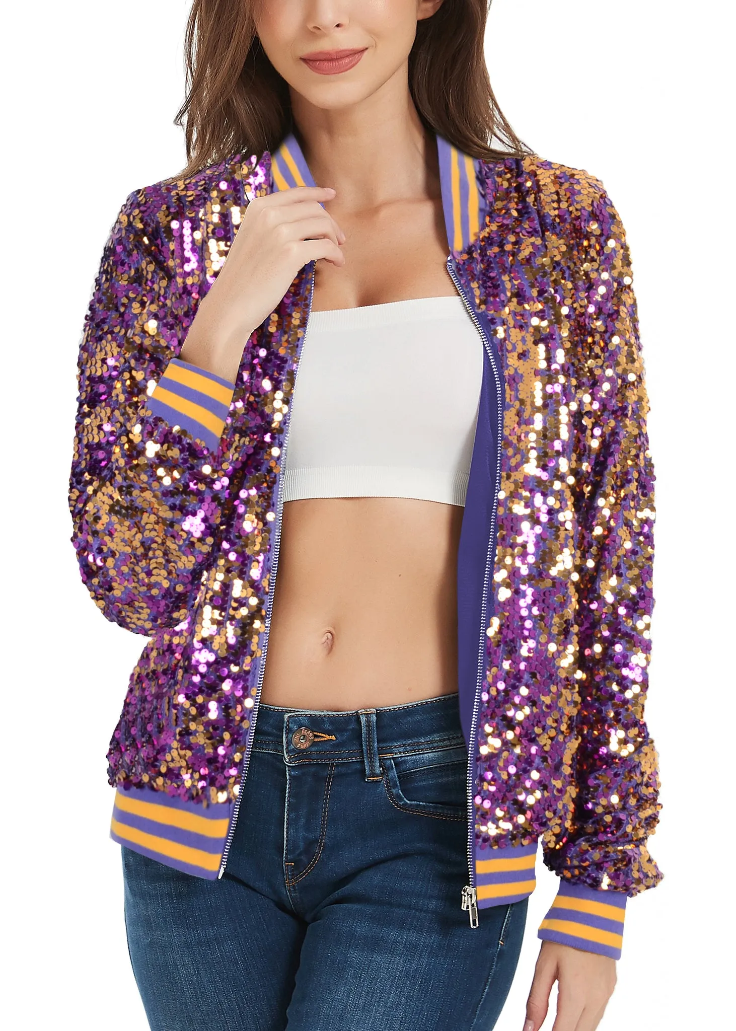 Anna-Kaci Womens Sequin Jacket Sparkle Long Sleeve Front Zip Casual Blazer Bomber Jacket With Pockets