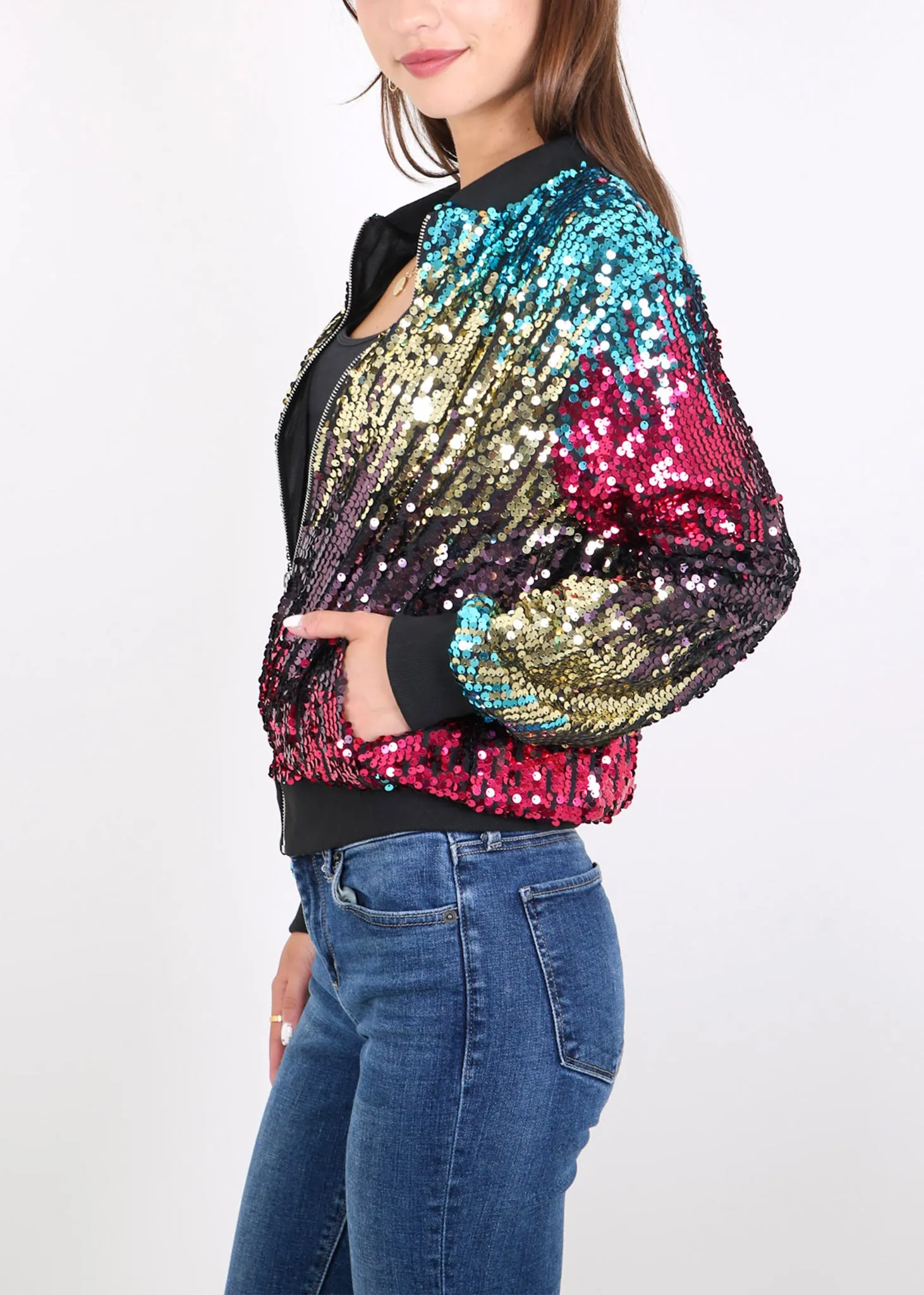 Anna-Kaci Womens Sequin Jacket Sparkle Long Sleeve Front Zip Casual Blazer Bomber Jacket With Pockets