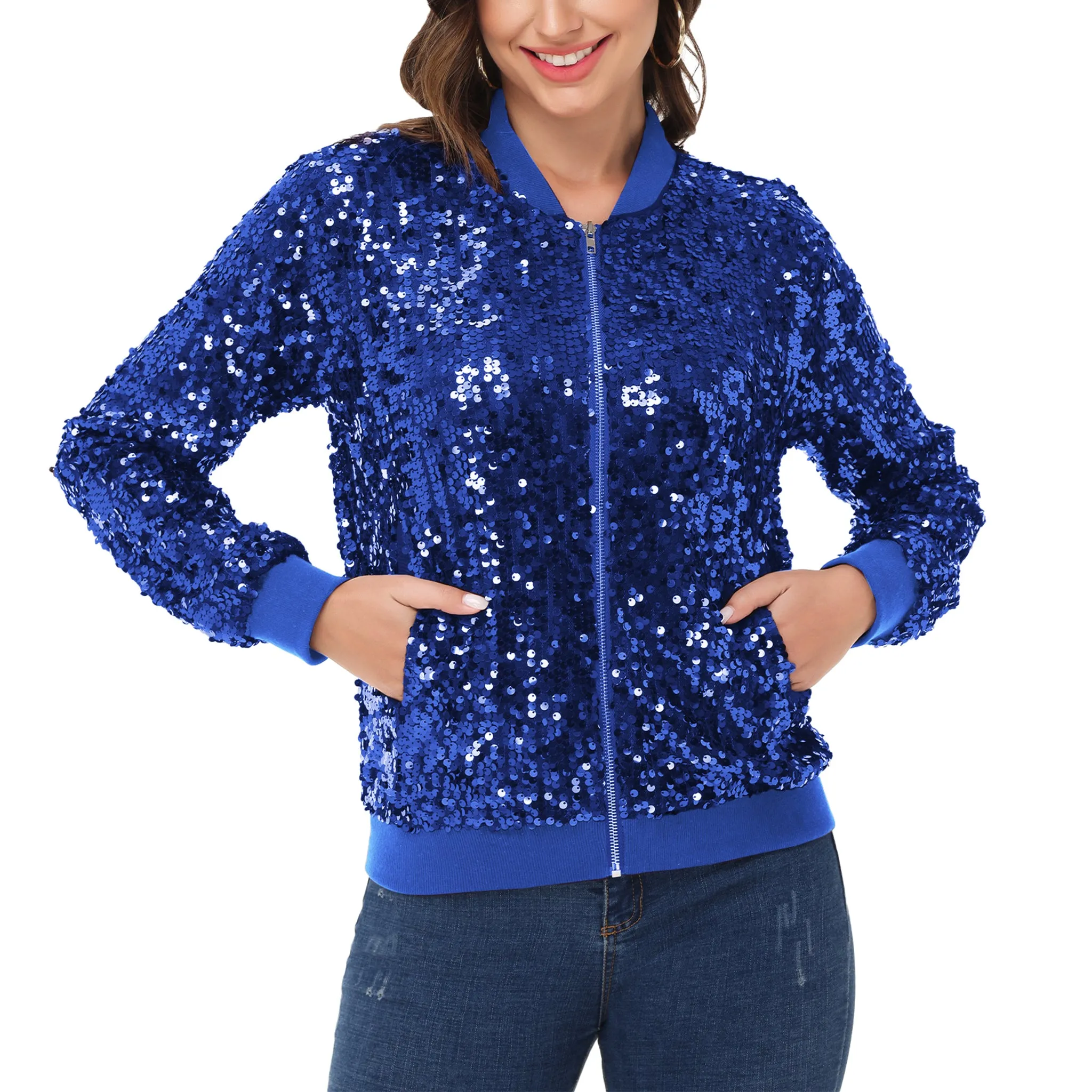 Anna-Kaci Womens Sequin Jacket Sparkle Long Sleeve Front Zip Casual Blazer Bomber Jacket With Pockets