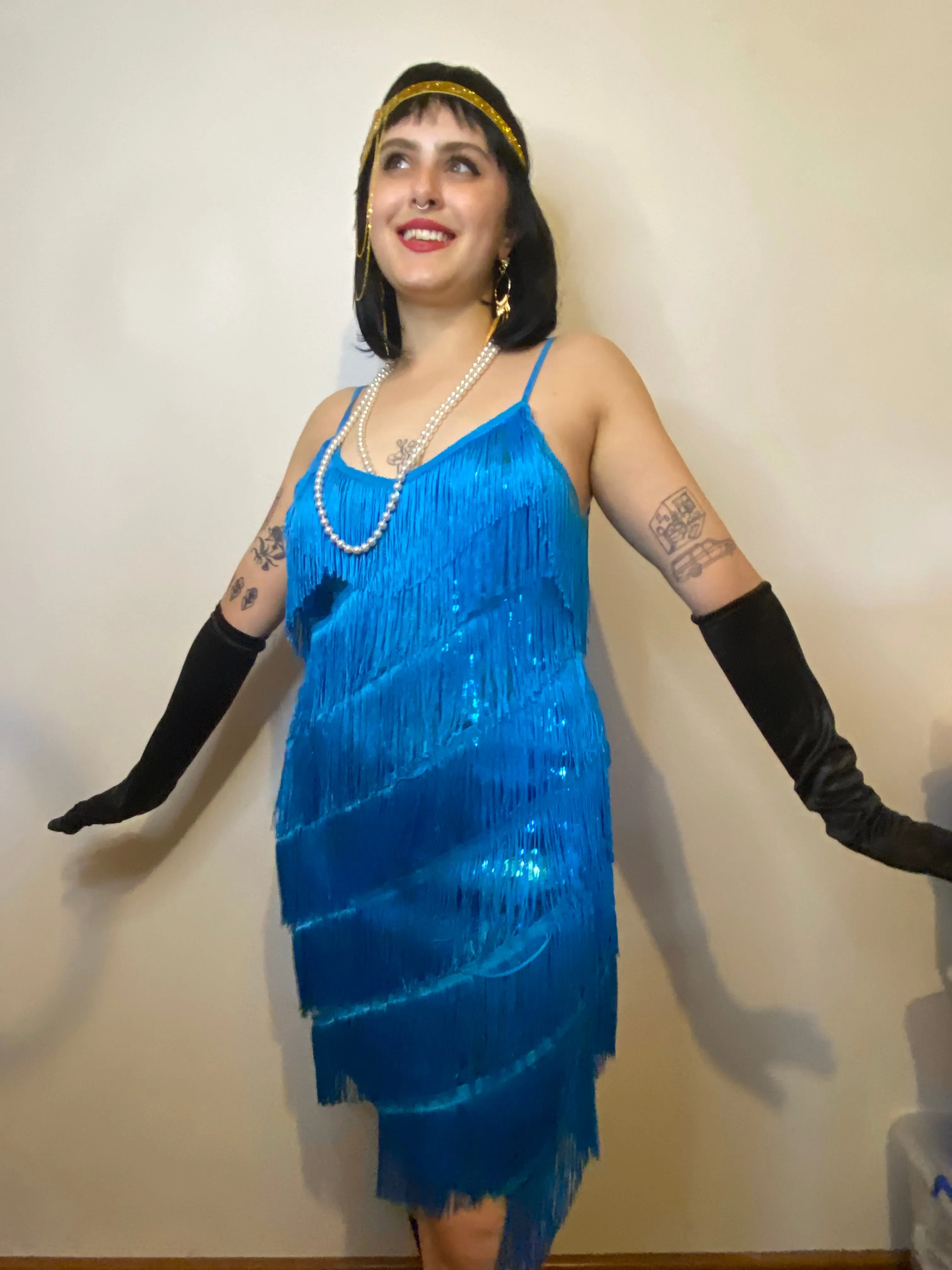 Aqua Blue Diagonal Fringe Sequined Flapper Dress